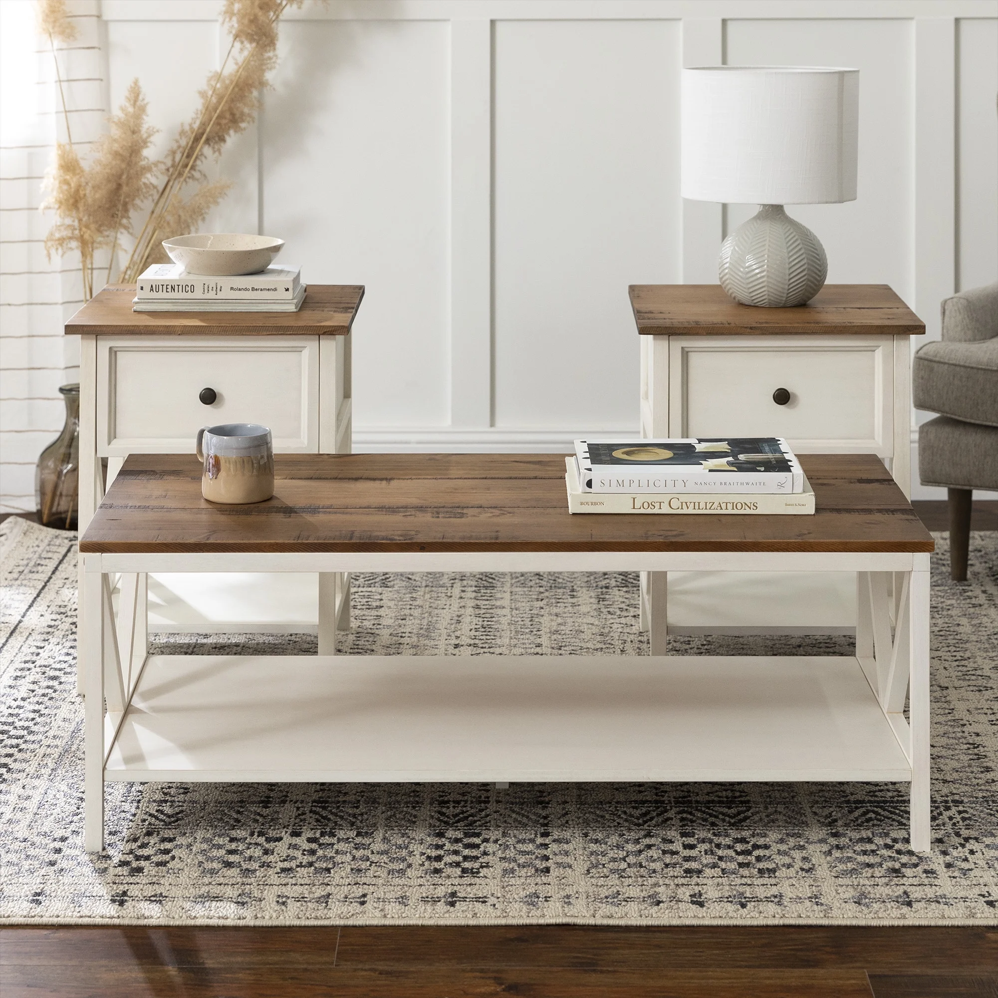 Walker Edison Modern Farmhouse Distressed White Accent Table Set