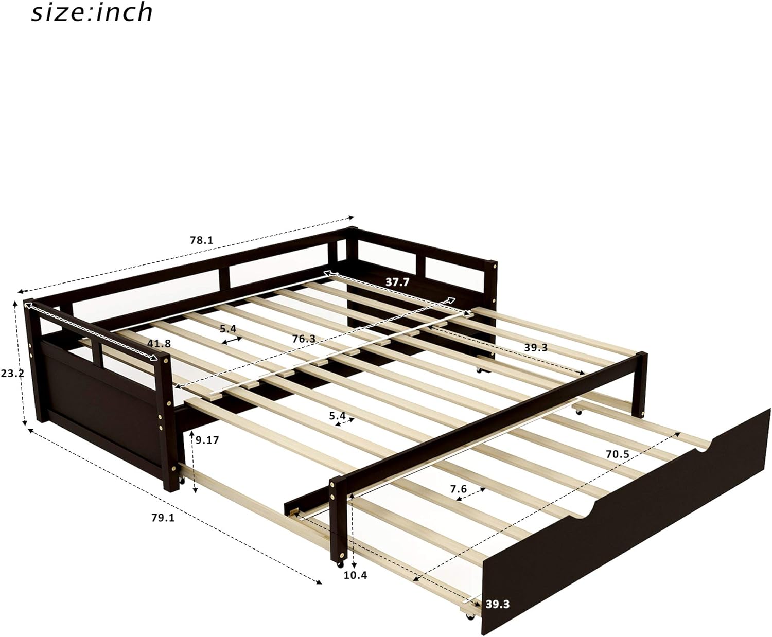 Extendable Daybed With Trundle Beds, Wood Daybed Frame With Pull Out Trundle, To King Design Extending Daybed For Kids Girls Boys Teens Adults, No Box Spring Required, Espresso