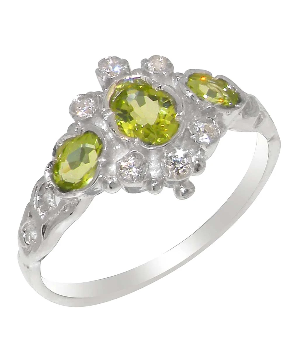 LBG English Made 18k White Gold Natural Peridot & Cubic Zirconia Womens Anniversary Ring - Size 10