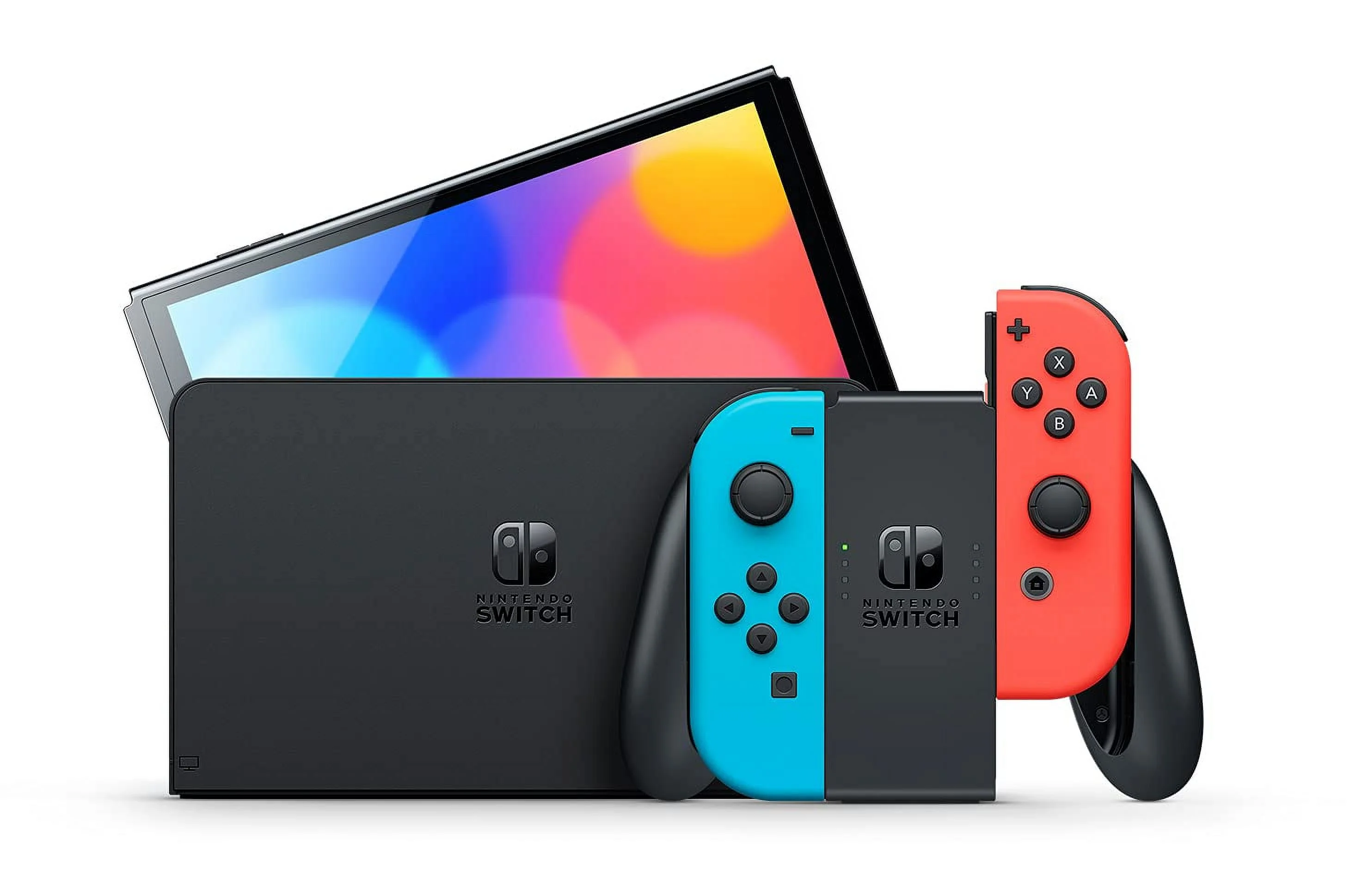 Nintendo Switch OLED 64GB Console Neon Red/Blue Joy-Con Bundle with Online 12 Month Family Membership and Microfiber Cleaning Cloth