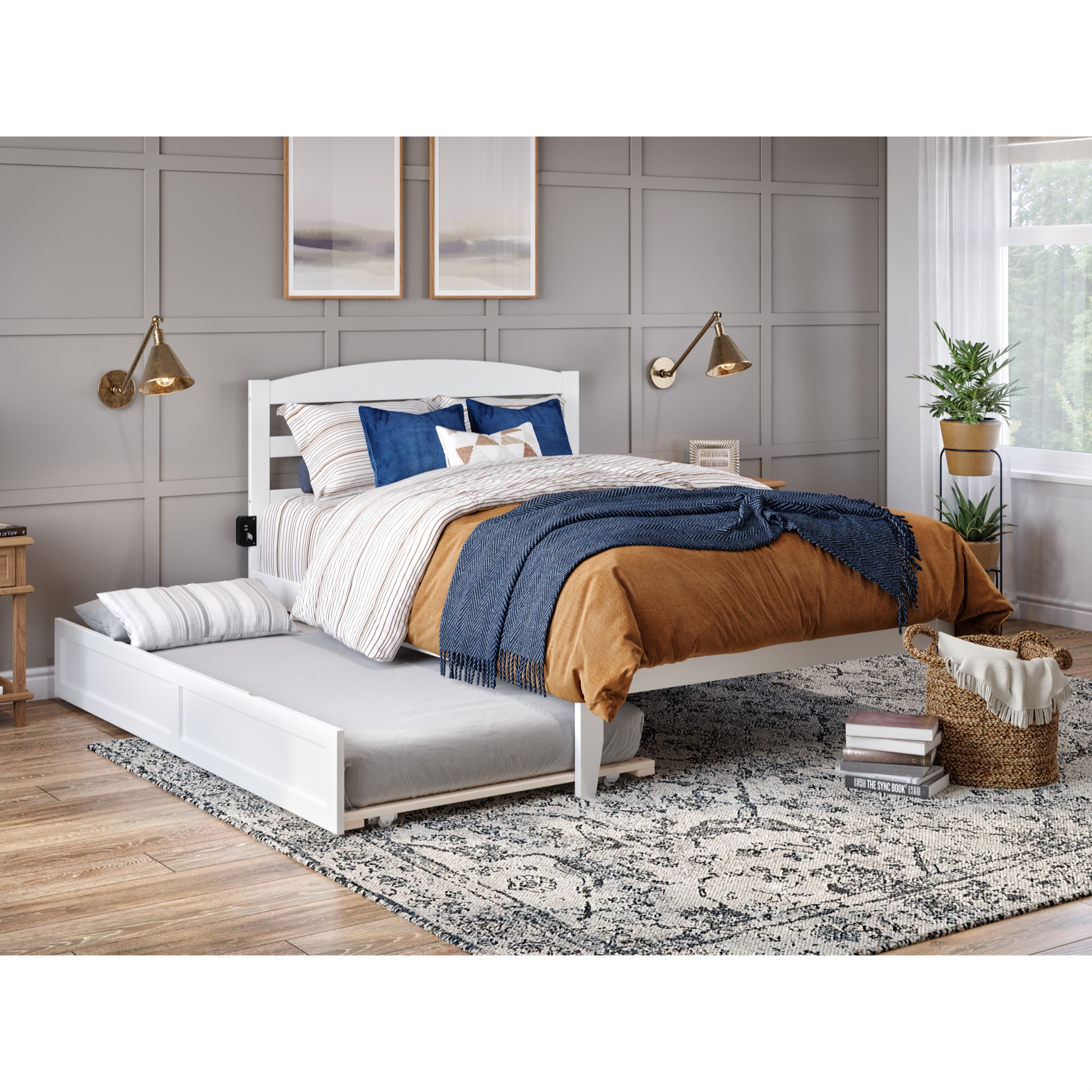 AFI Warren Solid Wood Queen Bed with Twin Trundle and USB Charger in White