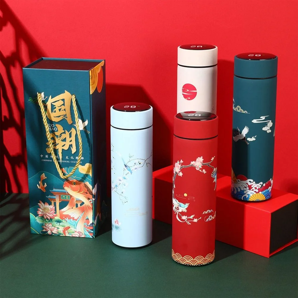 Creative Temperature measurement Vacuum Flasks Miniature Water Bottle Premium Travel  Mug Chinese Style Intelligent Temperature Display Thermos cup BLUE