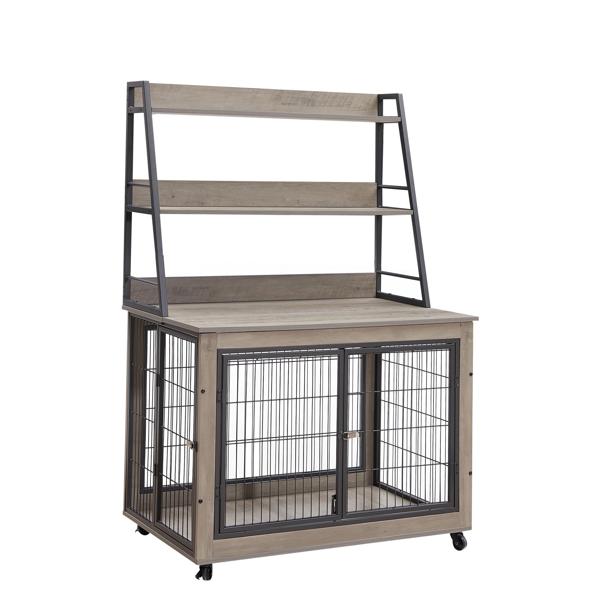 Furniture Style Wooden Dog Crate/Side Table with 3-tier Open Shelf,Equipped with Double Doors and A Raised Roof Grey