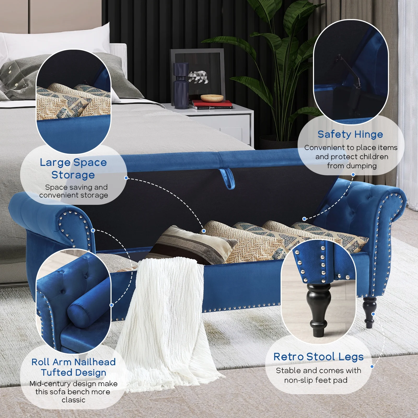 Sudwesto 63'' Storage Ottoman Bench, End of Bed Button Tufted Ottoman Bench, Rolled Armed Ottoman Couch Long Bench for Bedroom, Living Room, End of Bed, Hallway