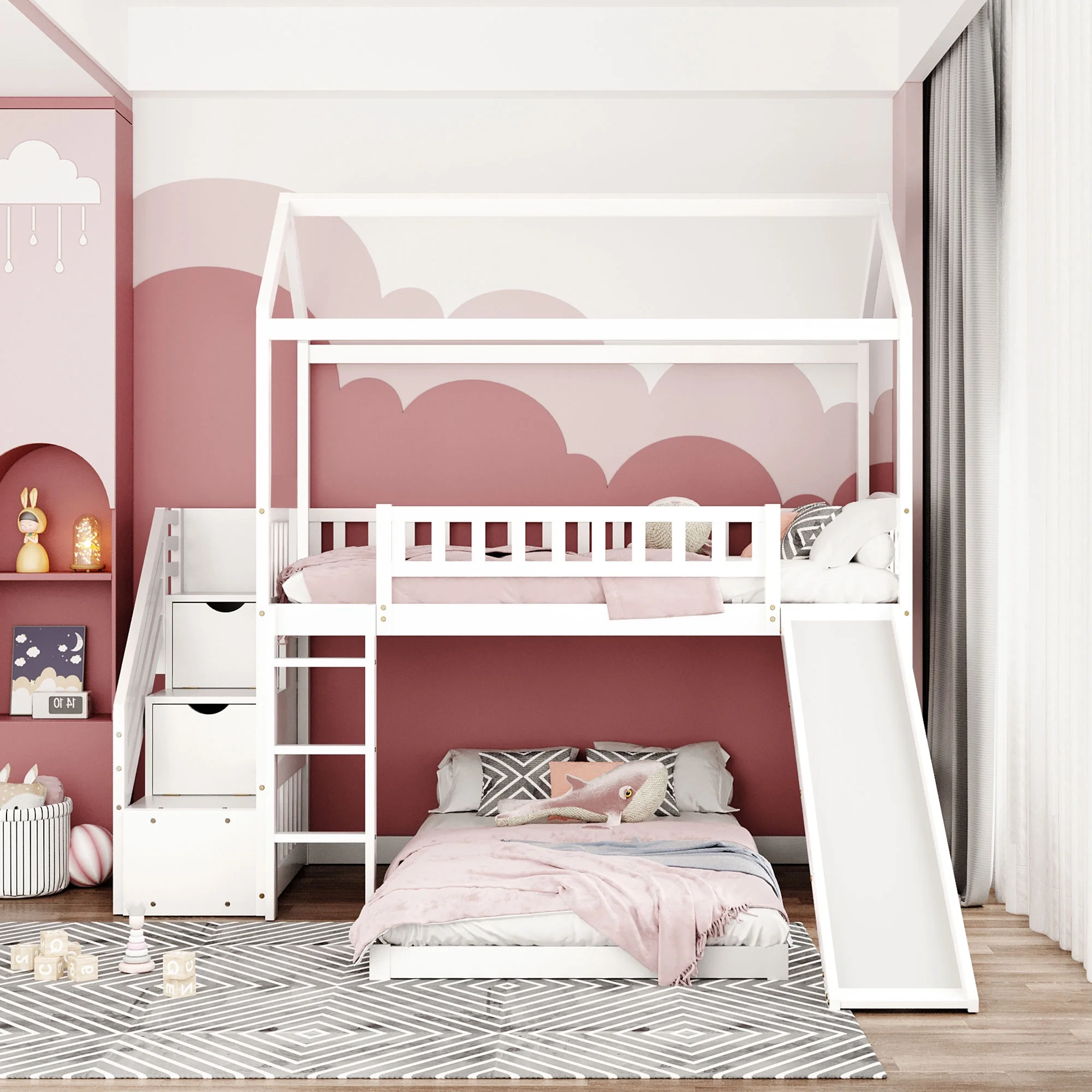 White Twin Over Twin Bunk Bed with Two Drawers and Slide, House Bed with Slide