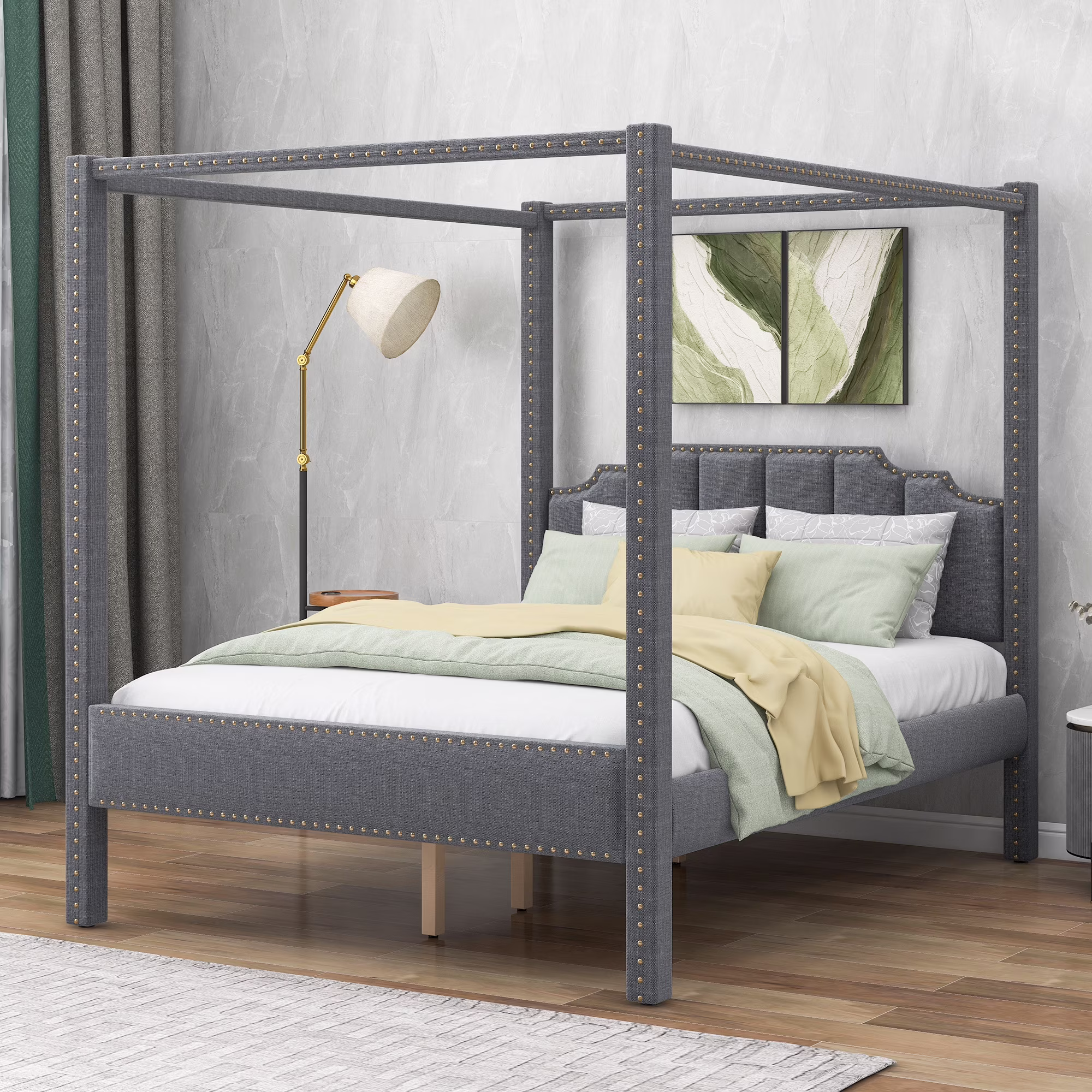 Leadzm Queen Size Upholstery Canopy Platform Bed with Headboard,Support Legs,Gray