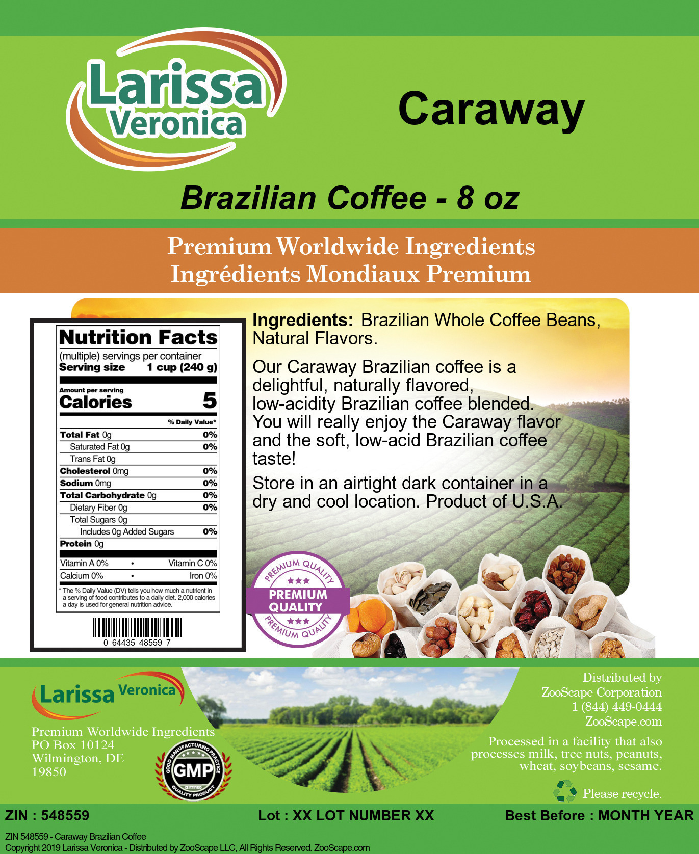 Larissa Veronica Caraway Brazilian Coffee, (Caraway, Whole Coffee Beans, 8 oz, 1-Pack, Zin: 548559)