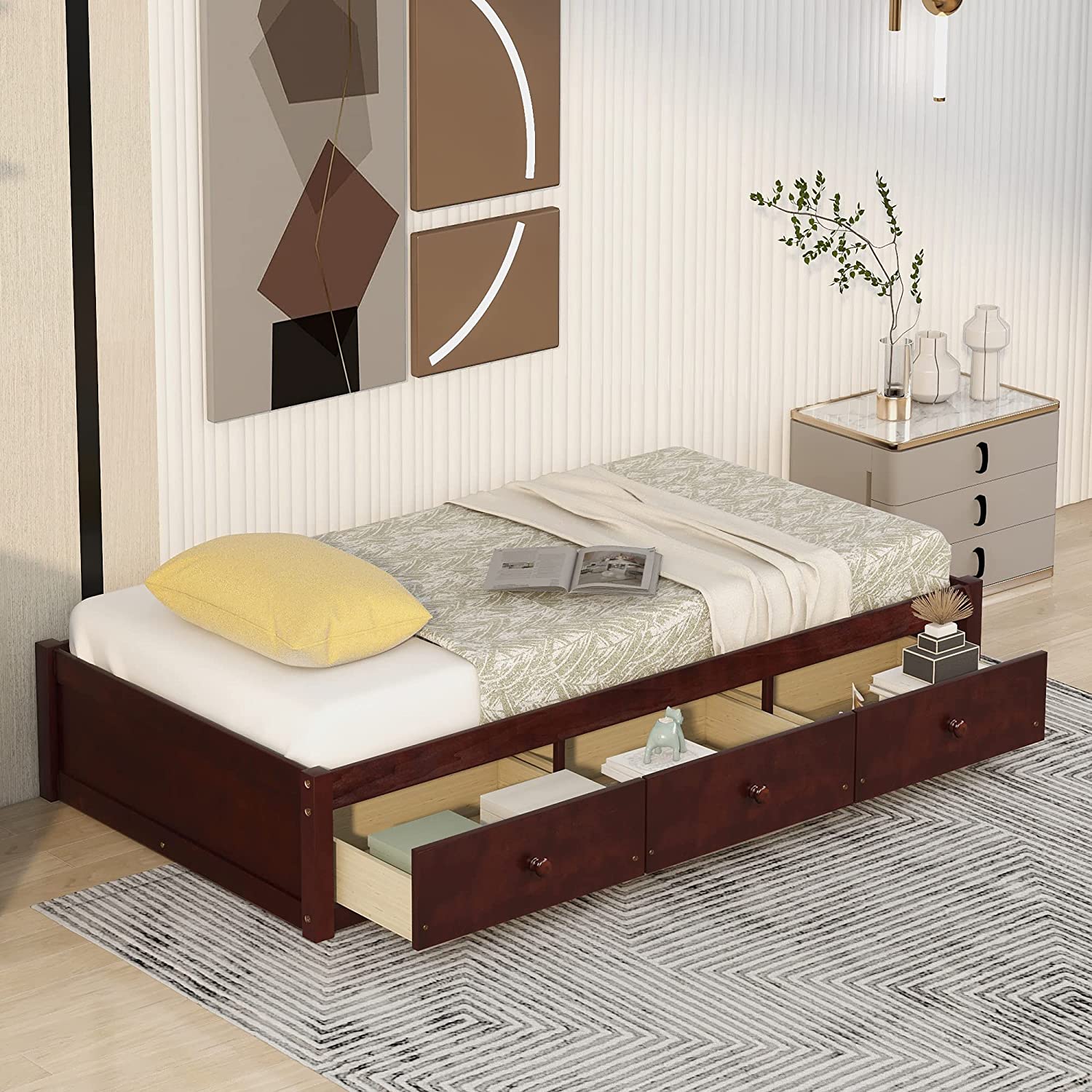 Bed With Storage, Wood Platform Bed Frame With 3 Drawers, Kids Bed With Wood Slat Support, o Box Sprig eeded,Cherry