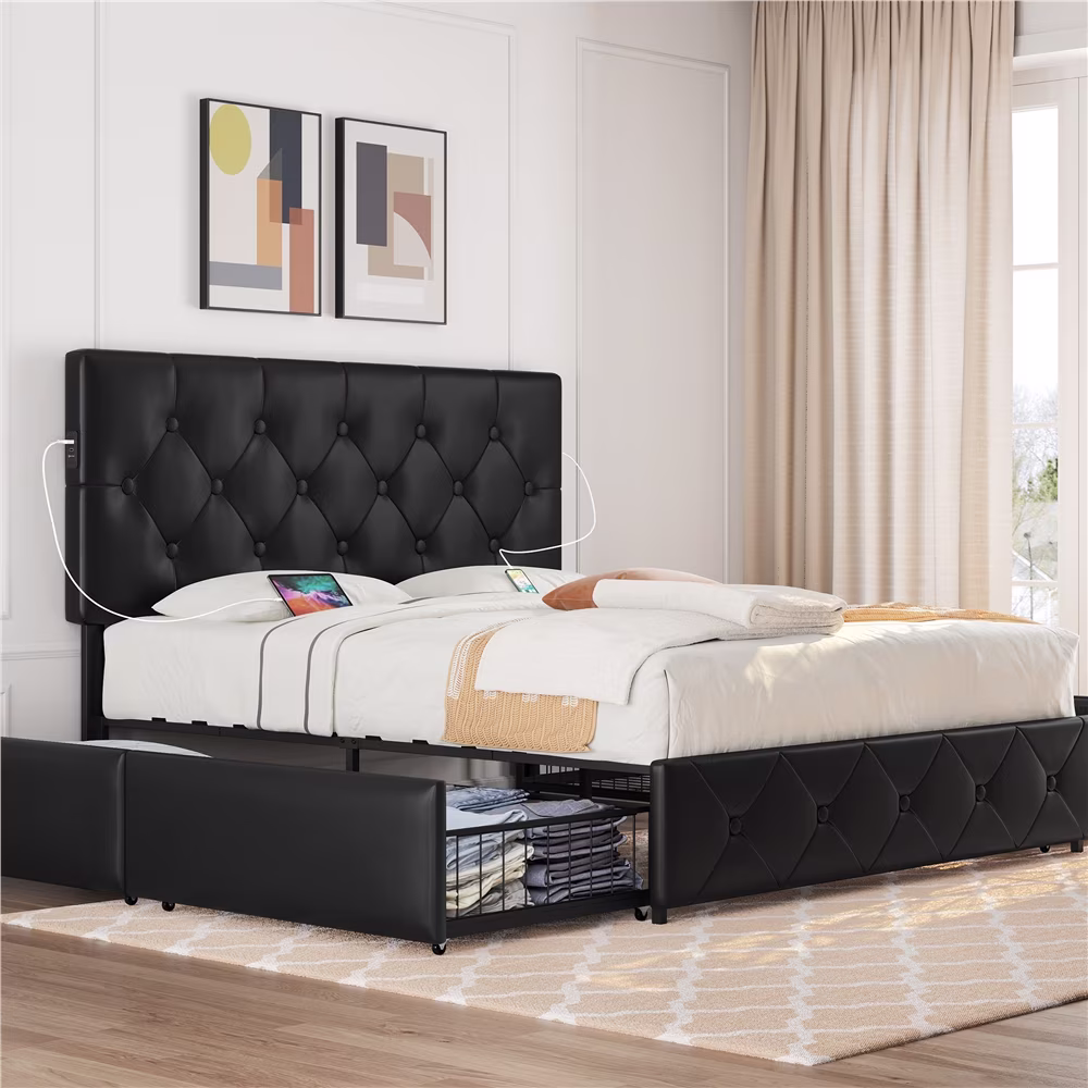 Easyfashion Upholstered Queen Bed with 4 Storage Drawers and USB Ports, Queen, Black