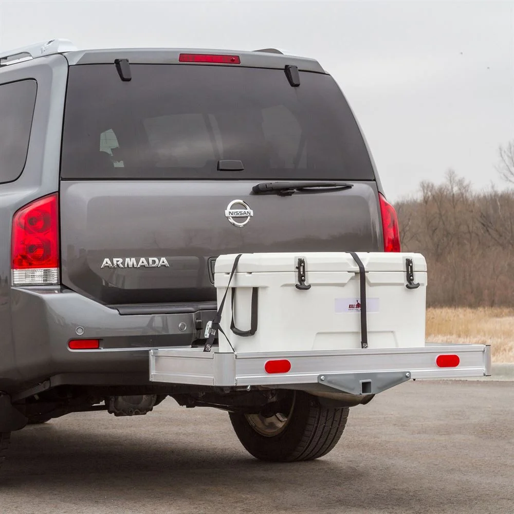 Elevate Outdoor Hitch Cargo Carrier Tray Aluminum 550 lb. Capacity - Tray 49-1/8in L x 22-5/8in W x 4-3/4in H - Unique Slatted Surface Compatible with Class III or IV 2in Receivers