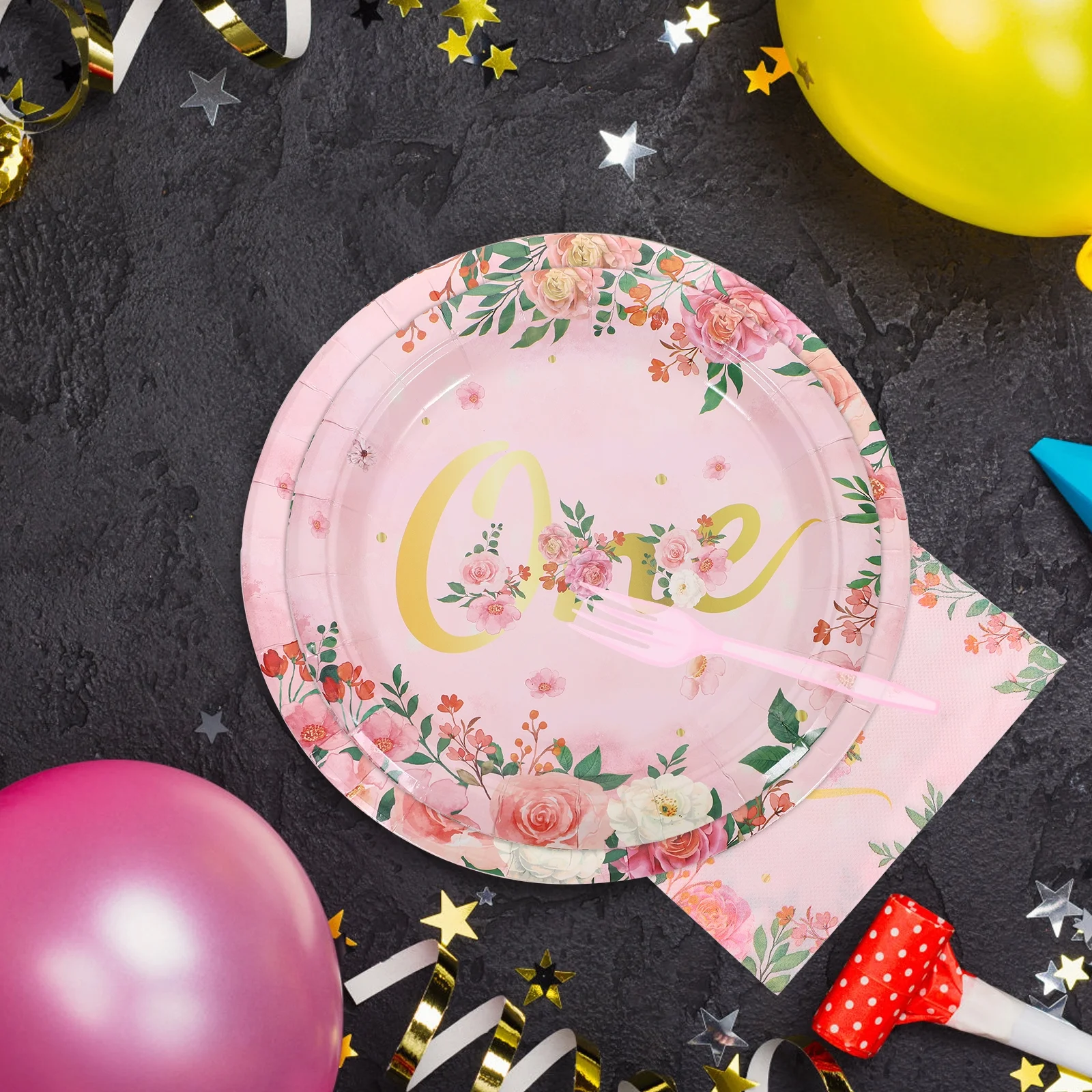 Etereauty 1 Set Girls First Birthday Party Supplies Paper Plates Napkins Forks Tableware