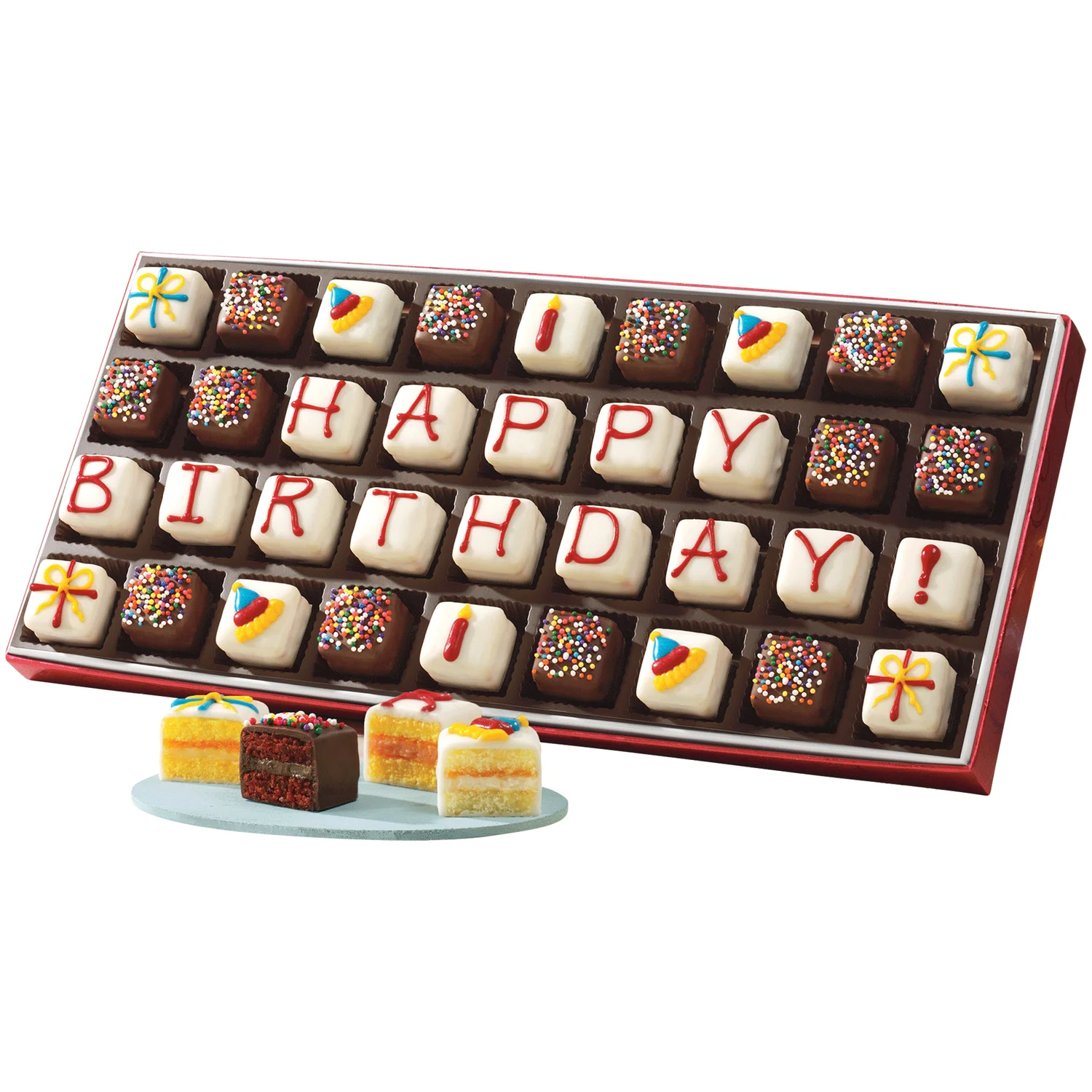 The Swiss Colony Colorful Birthday Party Kit for Kids or Adults - Party Supplies: Includes: 36 Birthday Petits Fours (Bite-Size Cakes), Dinnerware Set for 8, Plates, Cups, Napkins, Multicolor