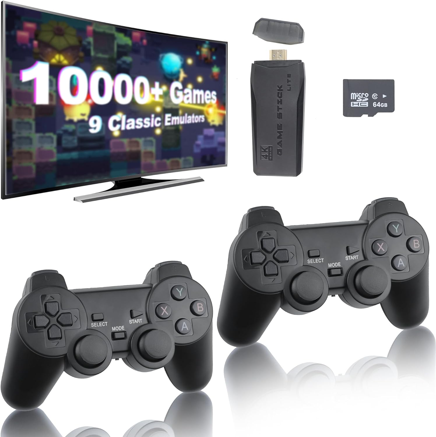 Wireless Retro Game Console, Retro Game Stick, Nostalgia Stick Game, 10,000+ Games & 9 Emulators Built in, Plug and Play Video Games for Tv 4K HDMI, 2.4g Wireless Controllers (64G)