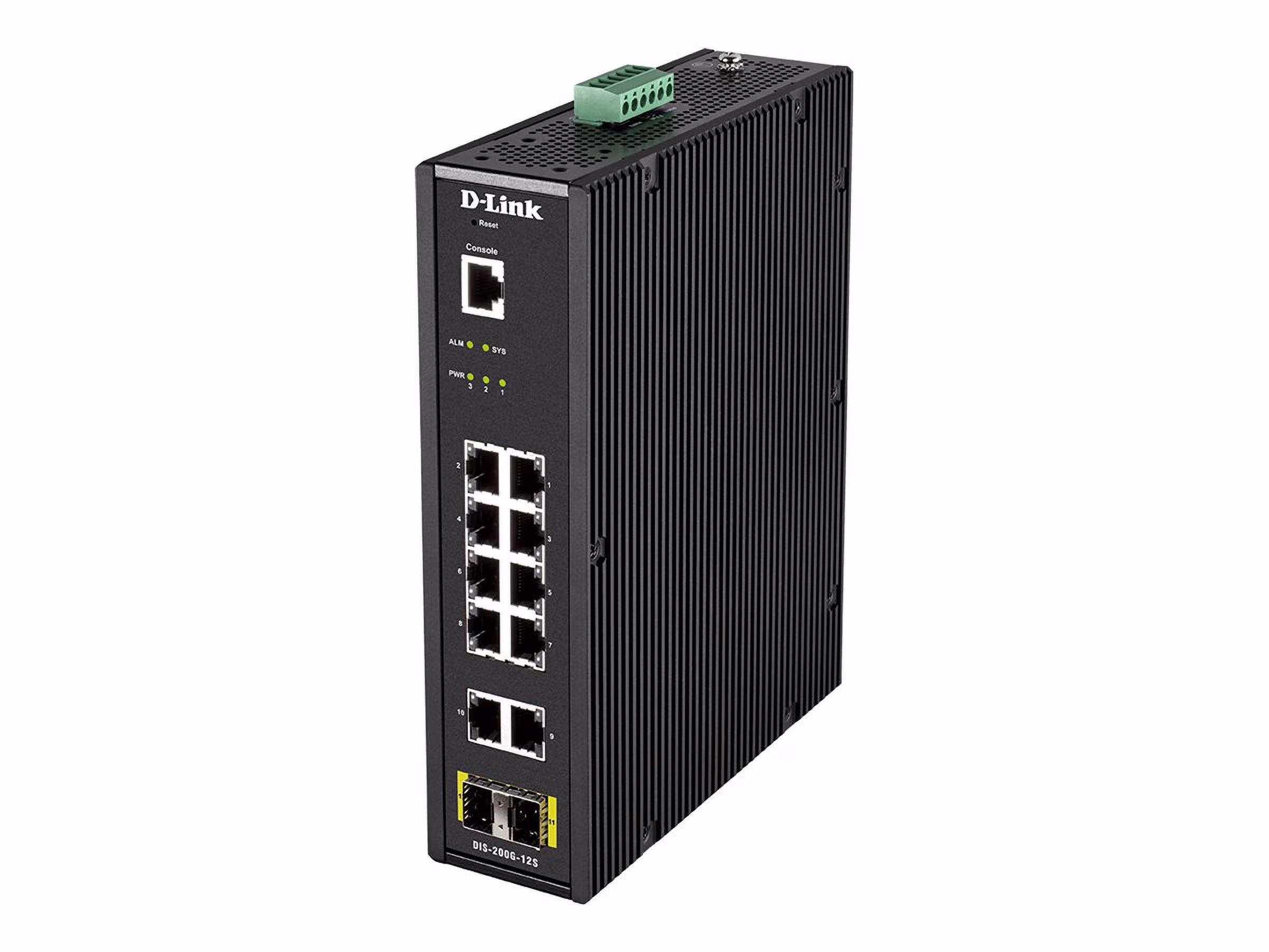 D-Link DIS 200G-12S - Switch - managed - 10 x 10/100/1000 + 2 x SFP - DIN rail mountable, wall-mountable - AC 120/230 V / DC 46 - 54 V