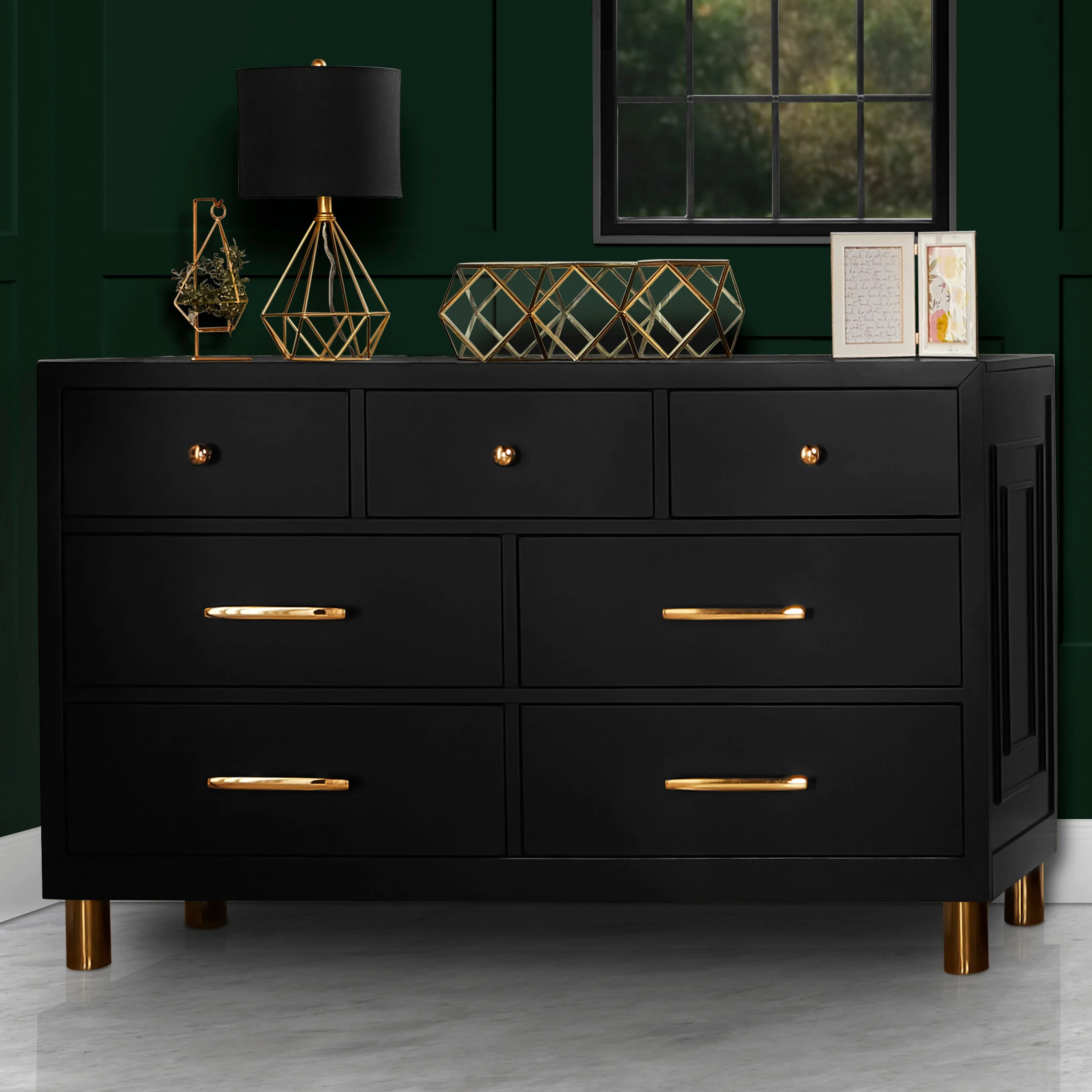Evolur Loft Art Deco Double Dresser with 7 Drawers, Metal Drawer Pulls, Black, Modern