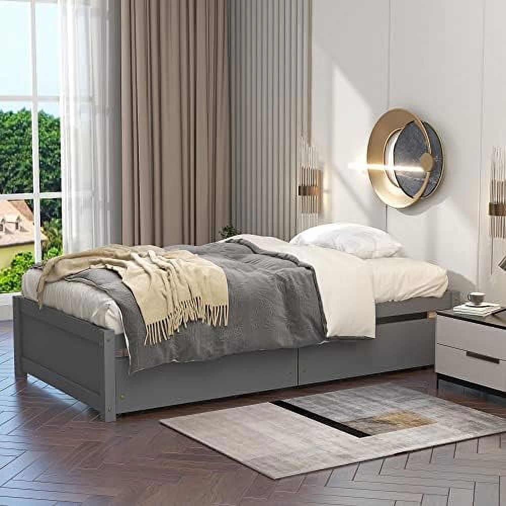 Solid Wood Size Platform Bed With Two Storage Drawers, Size Storage Platform Bed, No Box Spring Needed, Grey