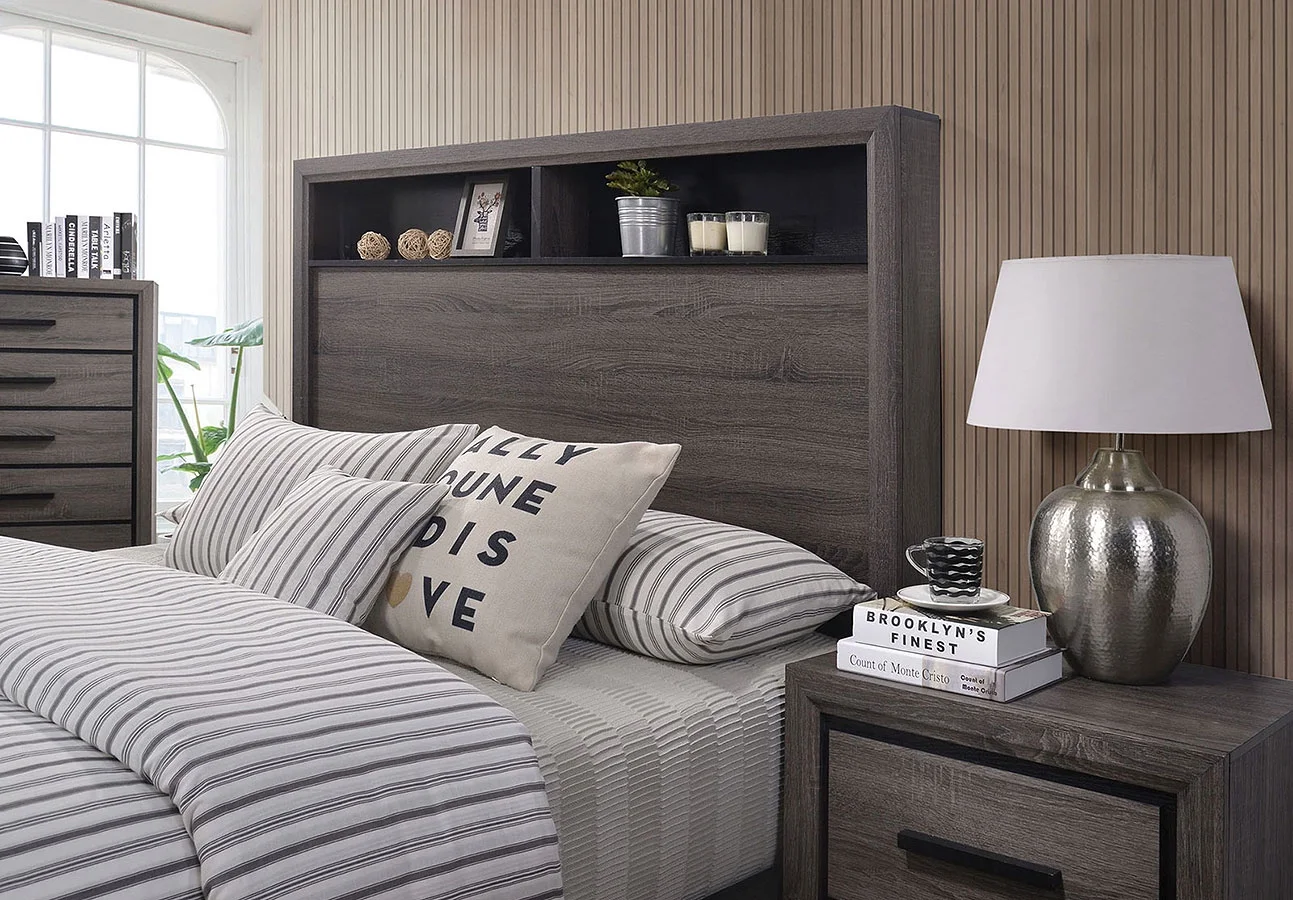 1-pc Bedroom Paper Veneer Grey Eastern King Size Bed w Shelf HB Furniture Contemporary Two-Tone Design