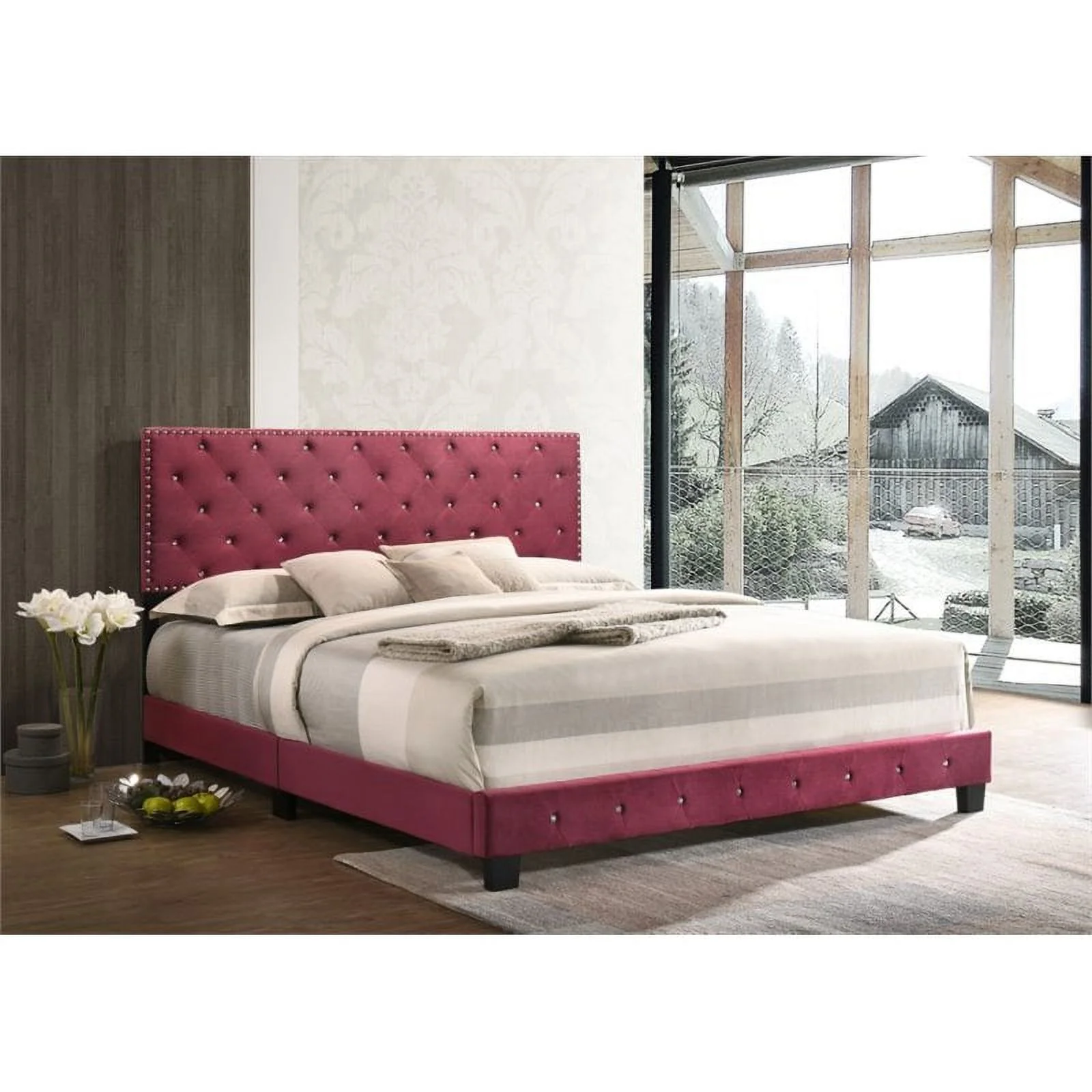 Maklaine Transitional Upholstered Velvet King Bed in Cherry Finish