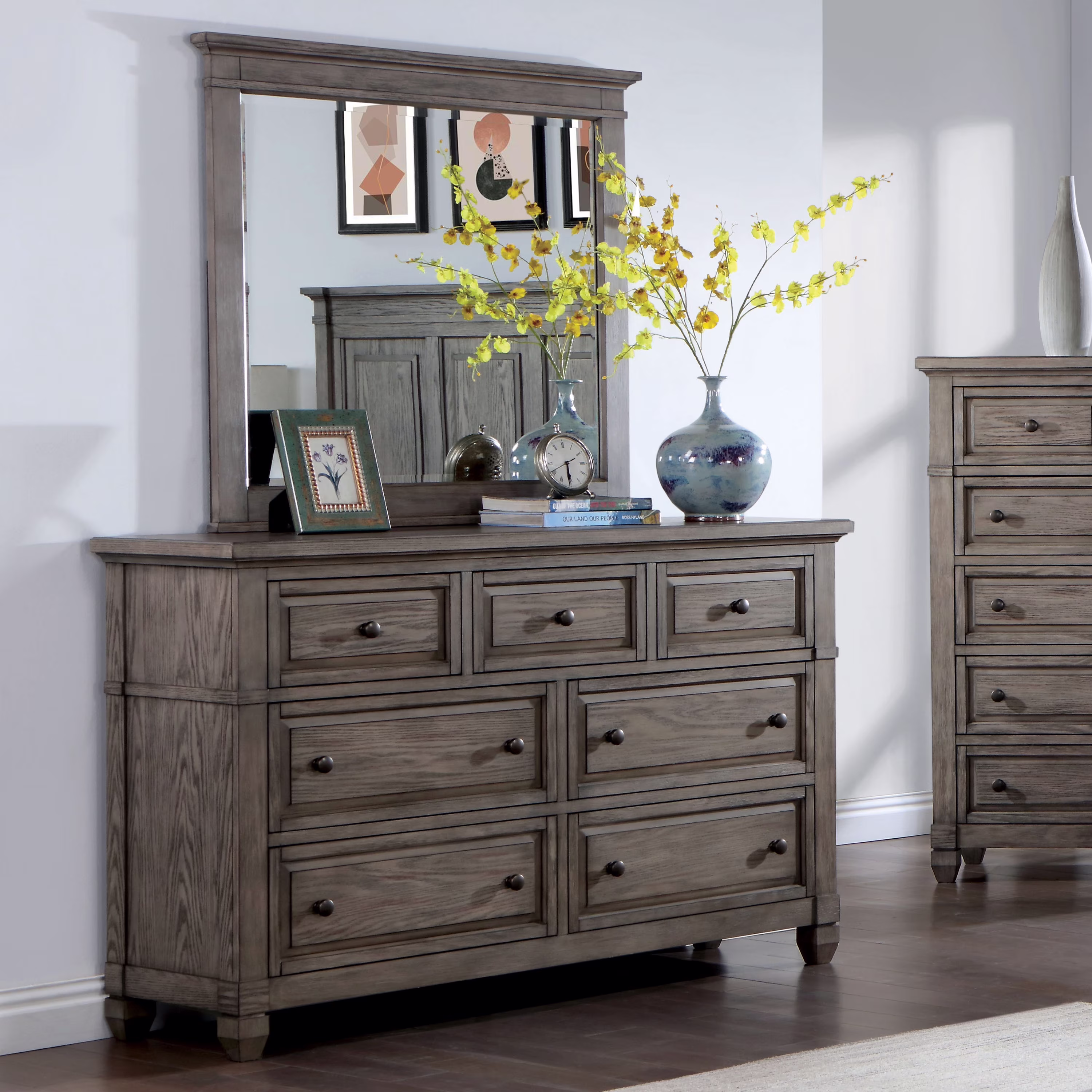 Furniture of America Penny Wood 7-Drawer Dresser with Mirror, Gray
