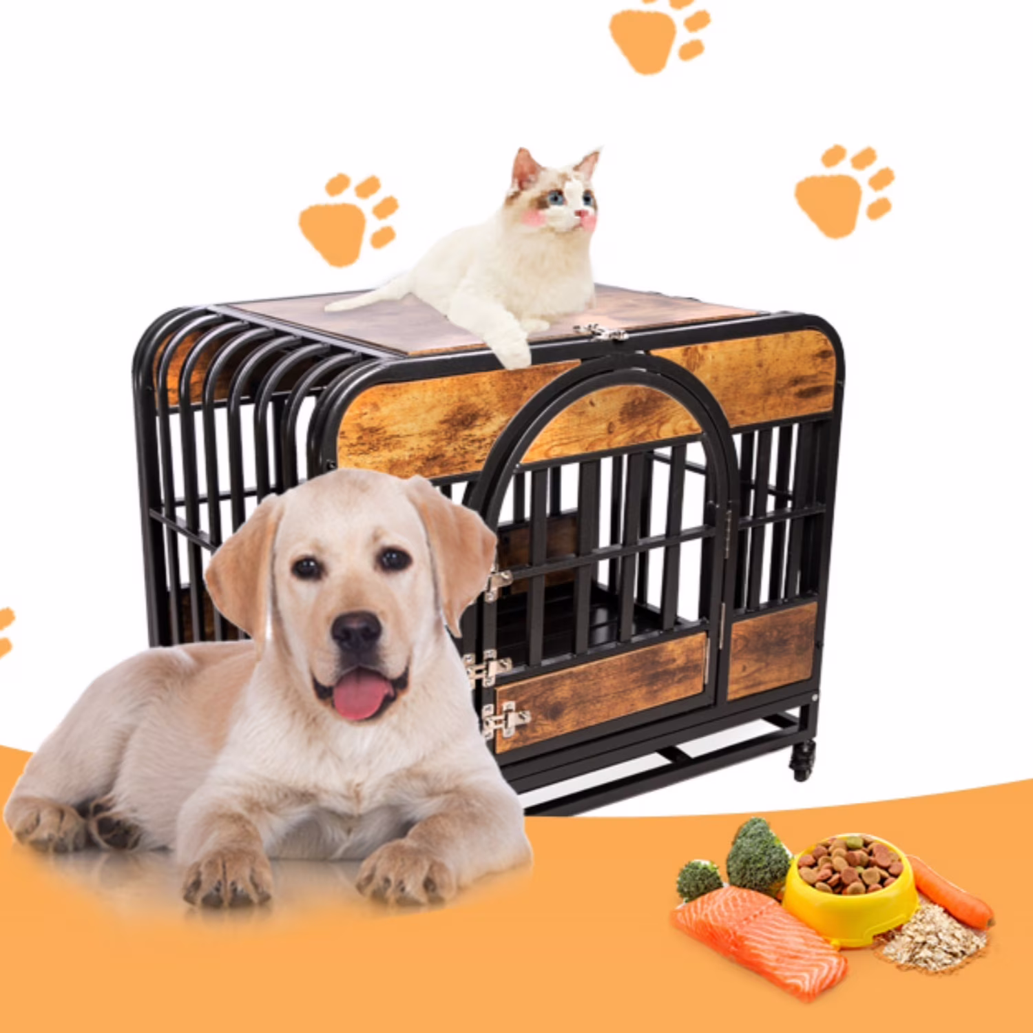 Dog Crate Furniture,46in Dog Kennel with Pull-Out Tray and Lockable Omni-Directional Wheels, Hard Steel Pipe and Heavy Duty Wooden Panel