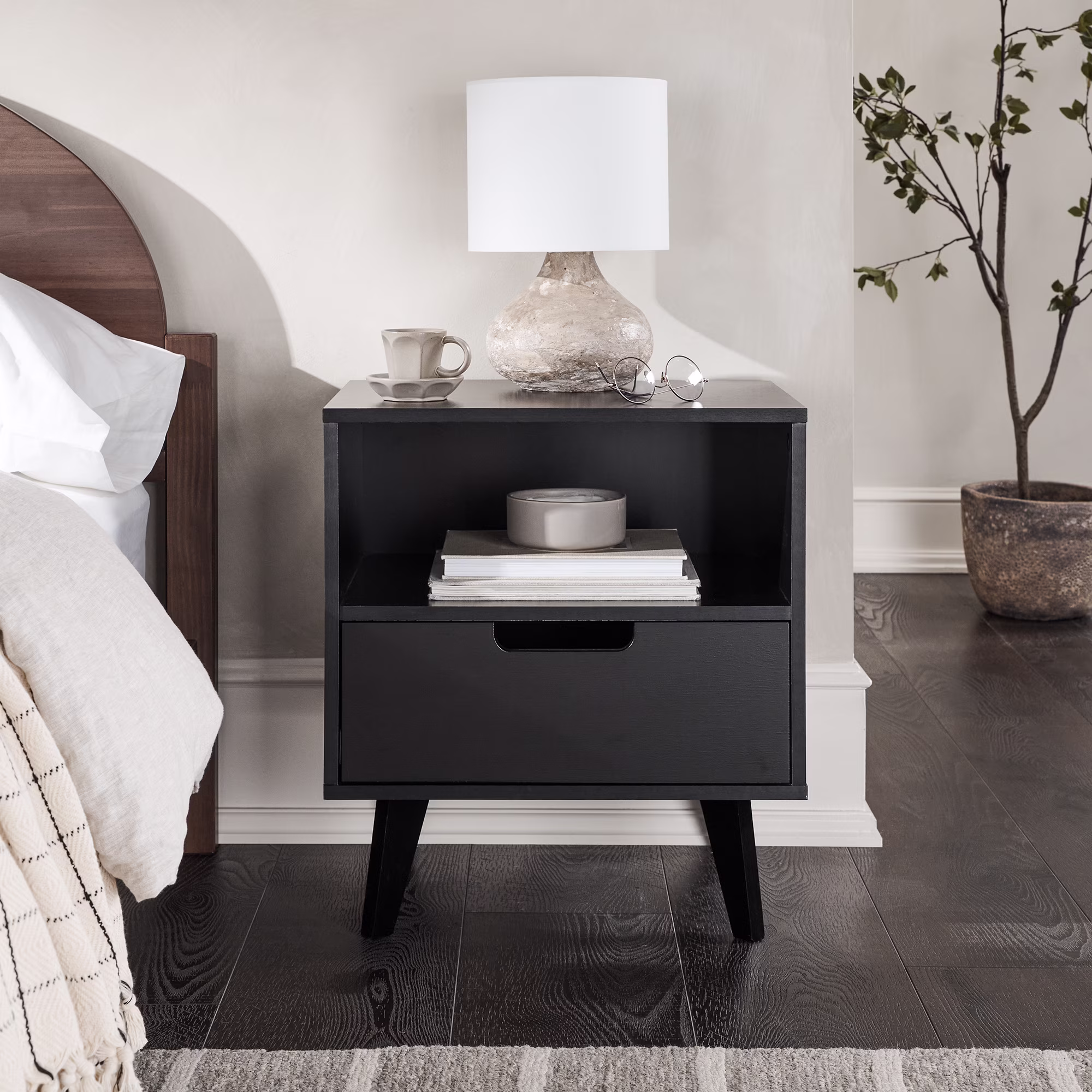 Walker Edison Mid-Century Modern 1-Drawer Angle-Leg Nightstand, Black