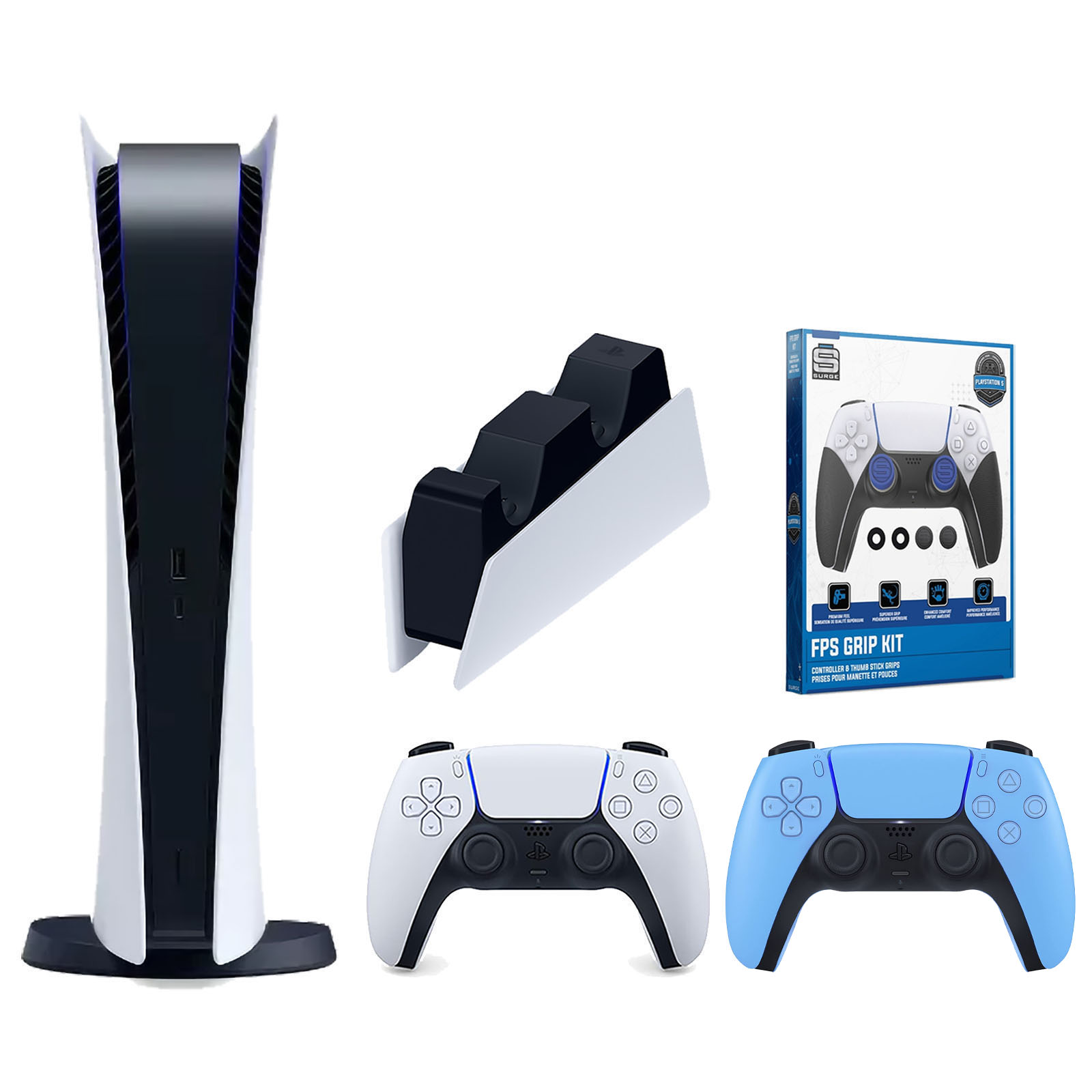 Sony Playstation 5 Digital Edition Console with Extra Blue Controller, DualSense Charging Station and Surge FPS Grip Kit With Precision Aiming Rings Bundle