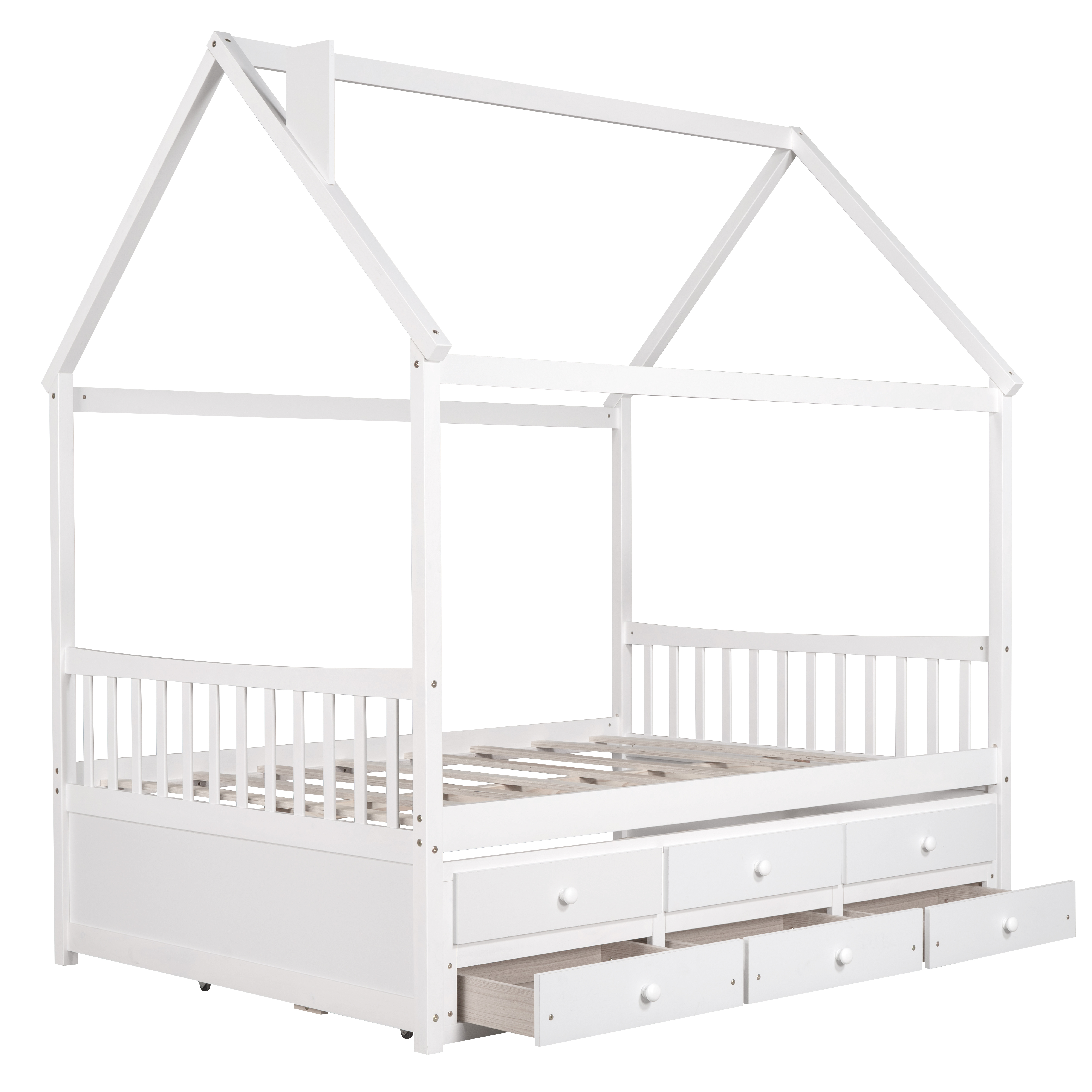 Docooler Full size Wooden House Bed with Trundle and 3 Storage Drawers-White