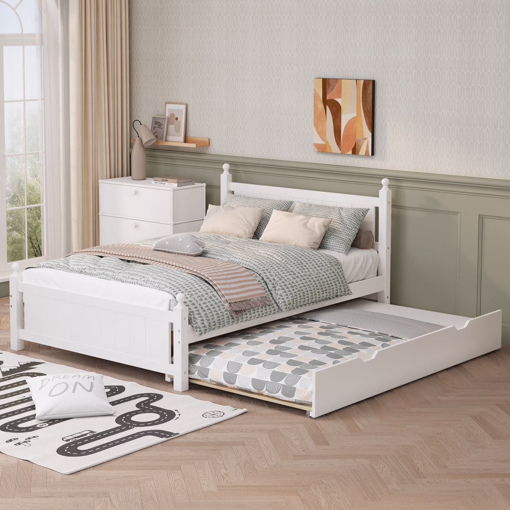 Full Size Solid Wood Platform Bed Frame with Trundle - Perfect for Limited Space, Kids, Teens, Adults, White