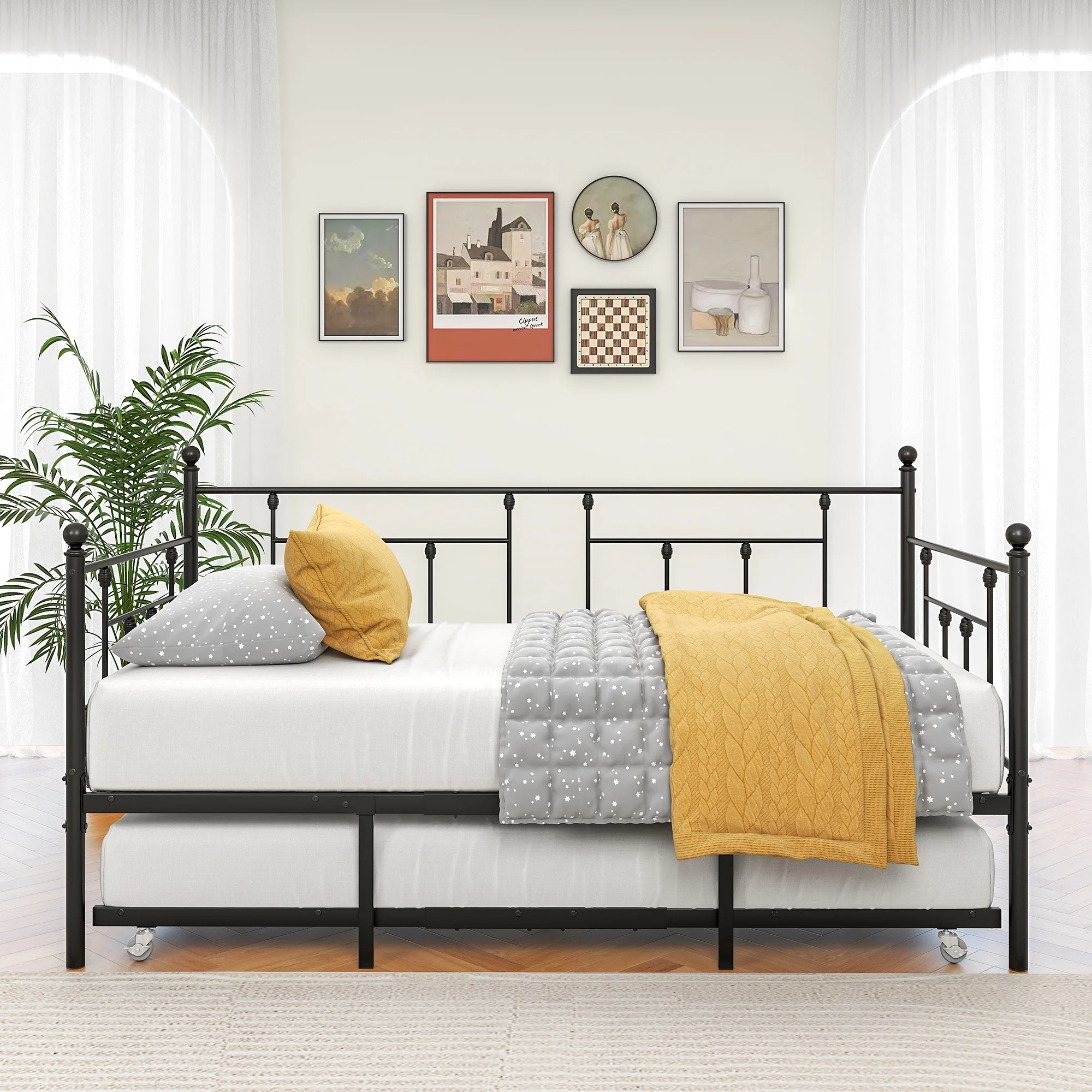 CoSoTower Metal Daybed Frame Twin Size Platform with Trundle, No Box Spring Needed Black