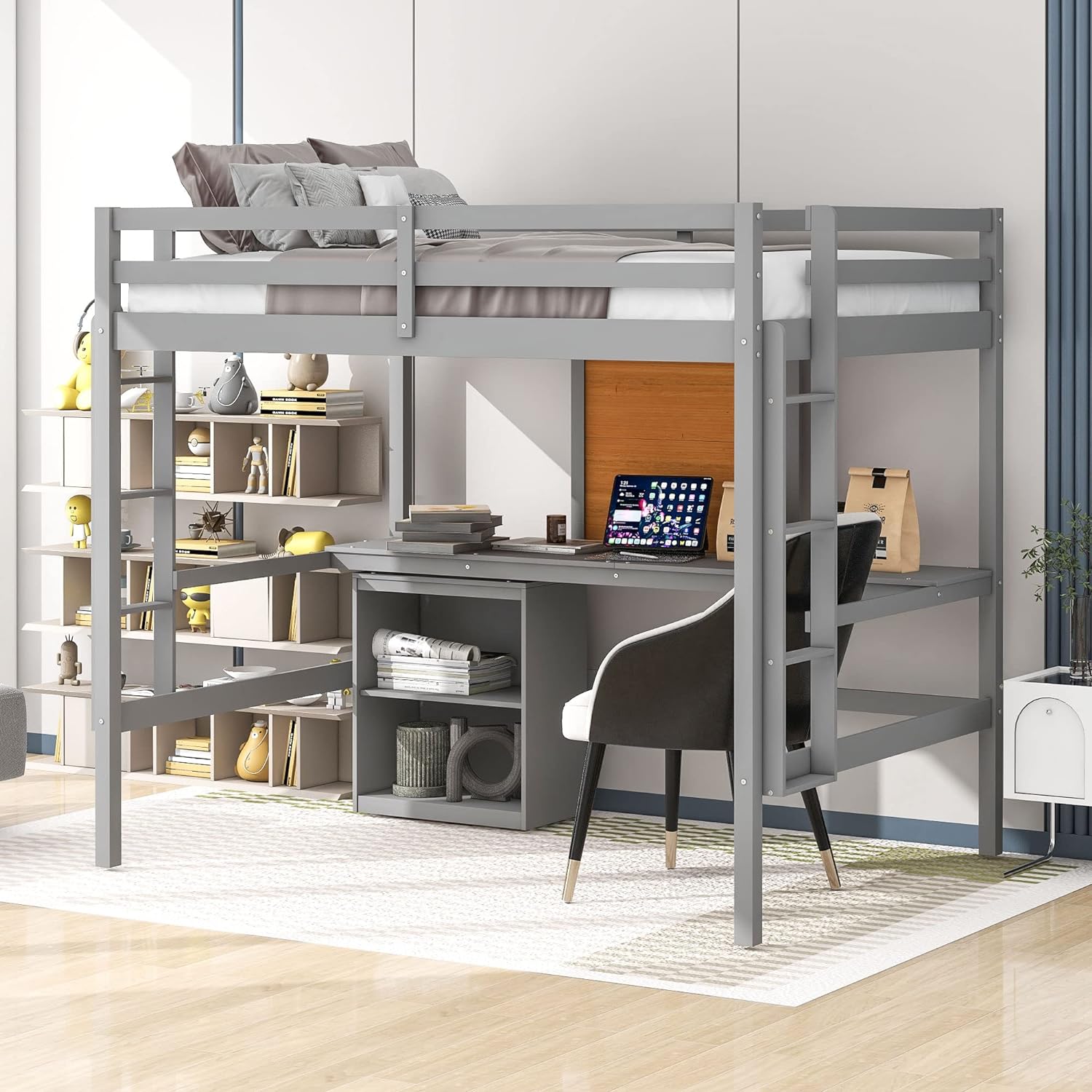 Full Size Loft Bed Frame With Desk, Storage Shelves And Writing Board, Wood Loft Beds With Two Ladders And Moveable 2-Shelf Cabinet, High Loft Bed For Kids Boys Girls Teens, Gray