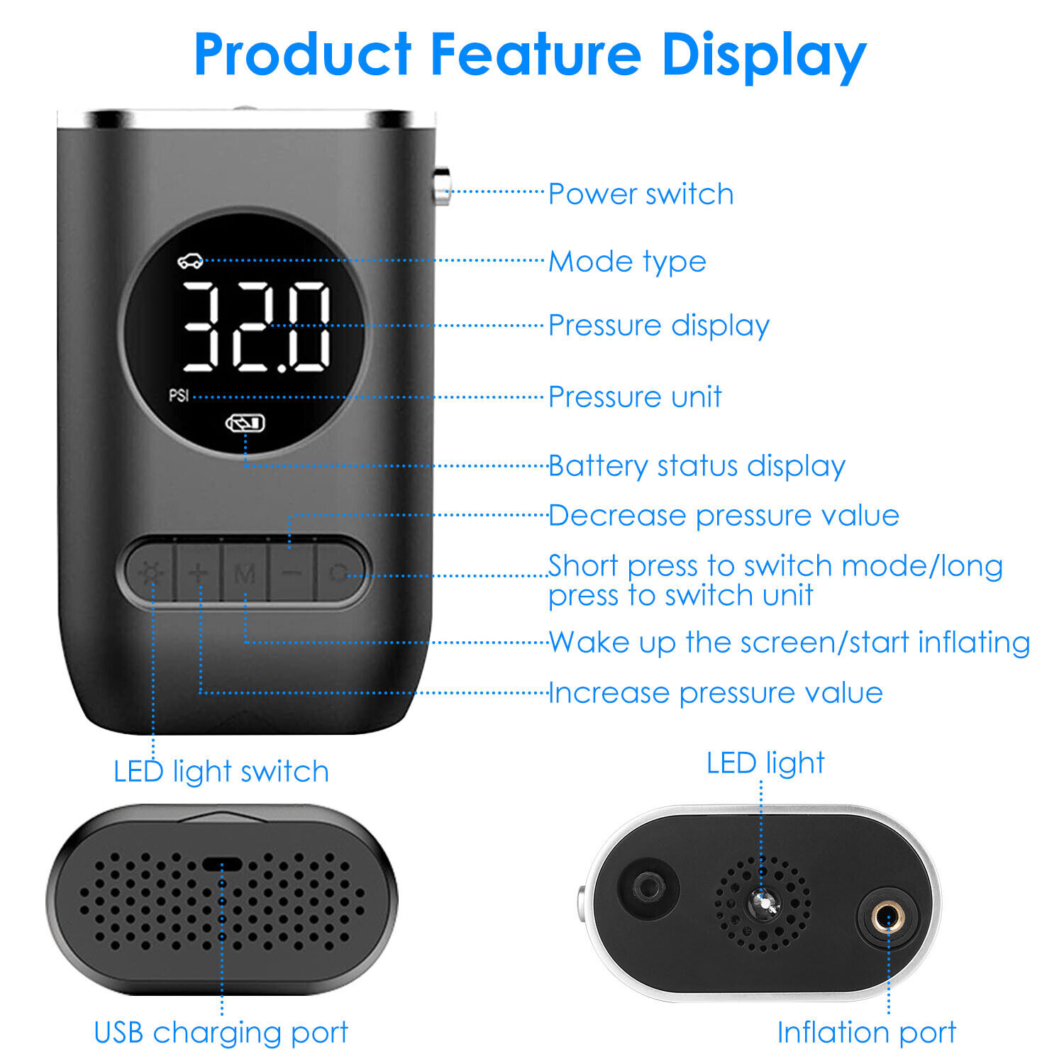 Electric Car Tire Inflator Pump 150 PSI Car Air Compressor Wireless Air Pump