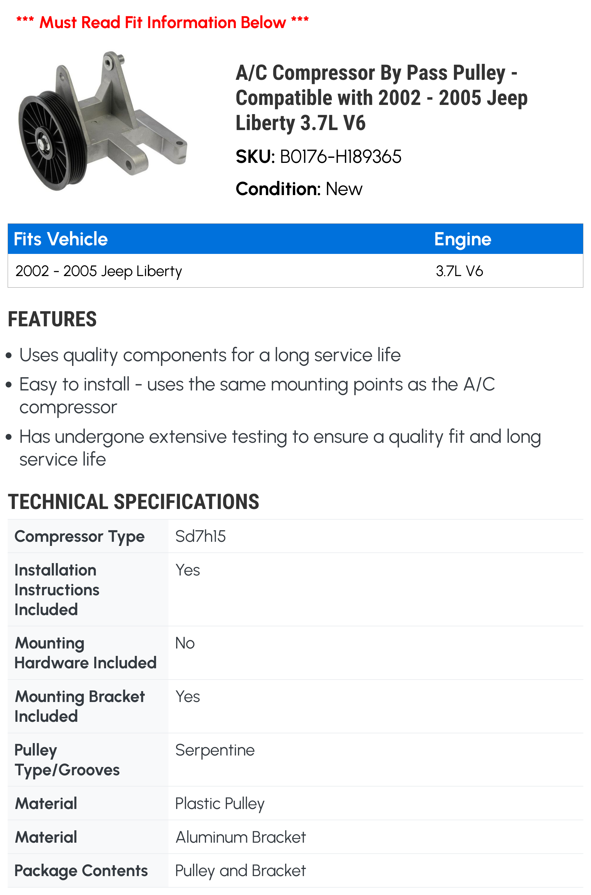 A/C Compressor By Pass Pulley - Compatible with 2002 - 2005 Jeep Liberty 3.7L V6 2003 2004