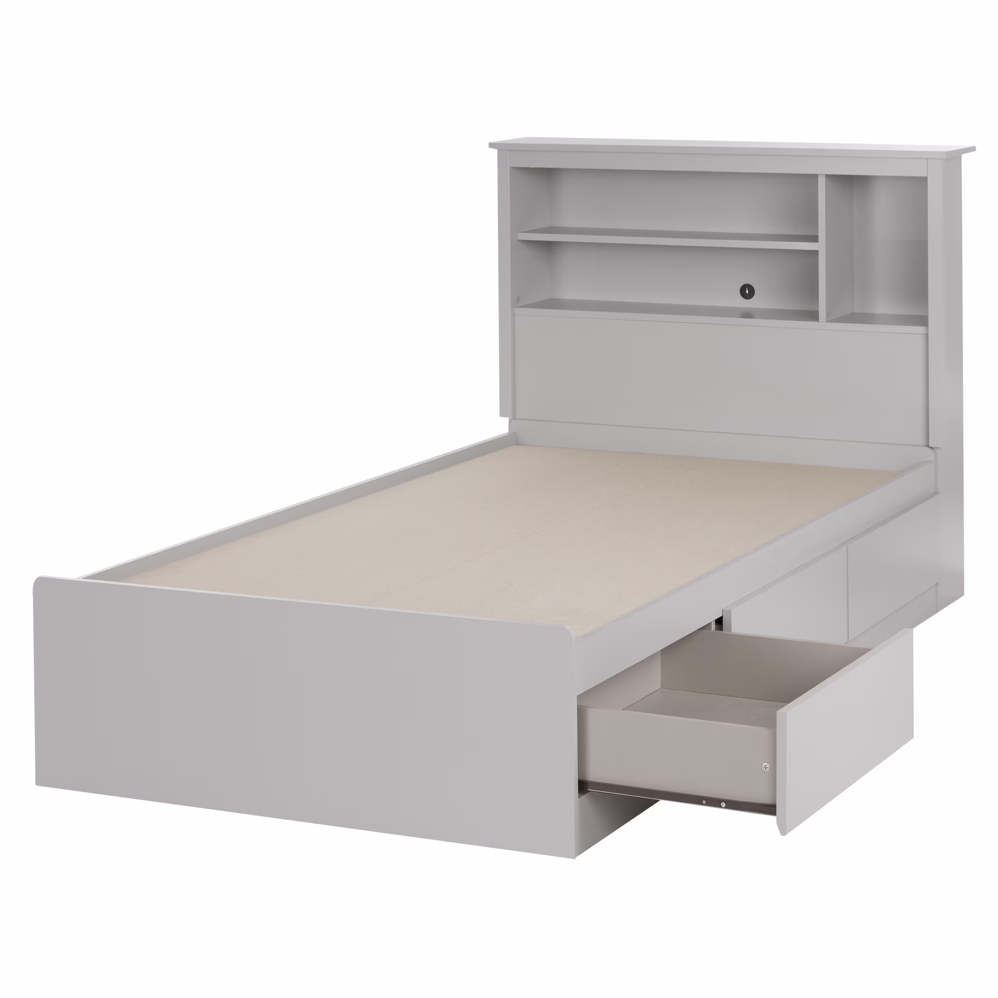South Shore Vito, Contemporary Twin Mates Bed With Bookcase Headboard Set, Soft Gray