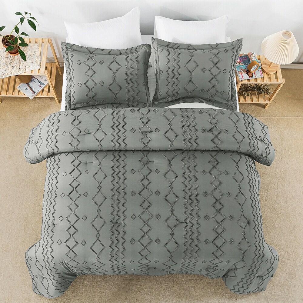 3PCS Tufted Comforter Boho Shabby Chic Geometry Twin Dark Grey