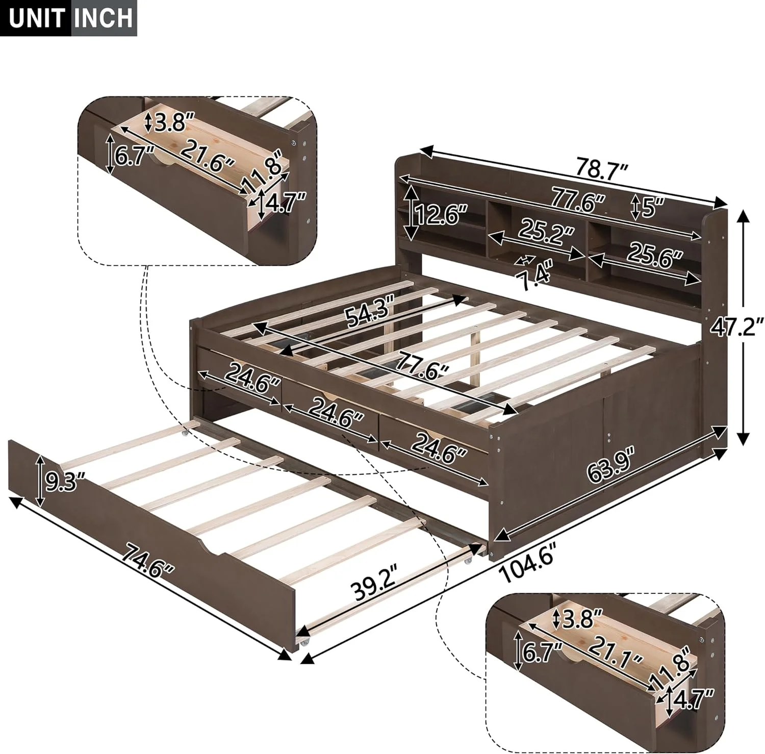 Full Size Sorage Daybed Wih rudle, Drawers, Bookcase, Solid Wood Full Capai’S Bed Frame For Kids Guess, o Box Sprig eeded (Aique Grey)