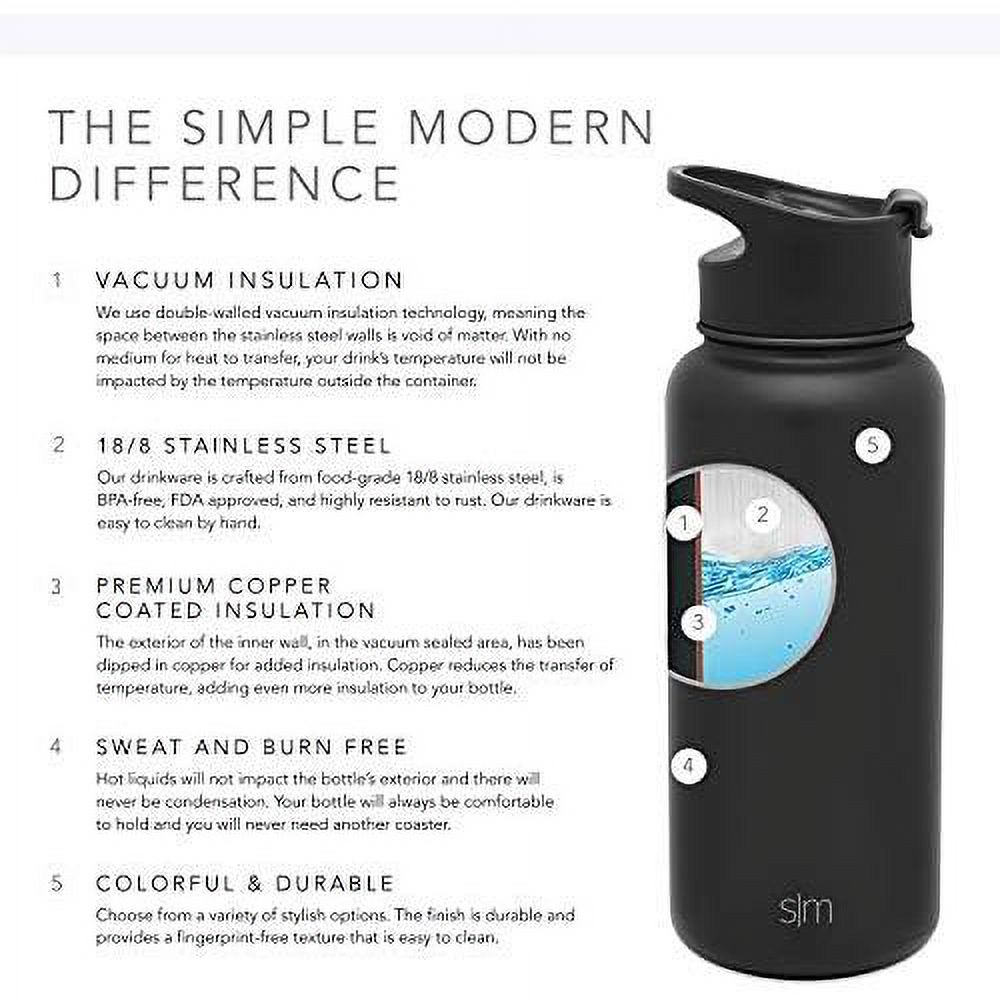 22Oz Water Bottle, Insulated Reusable Wide Mouth Stainless Steel Metal Flask With Lid, Midnight Black