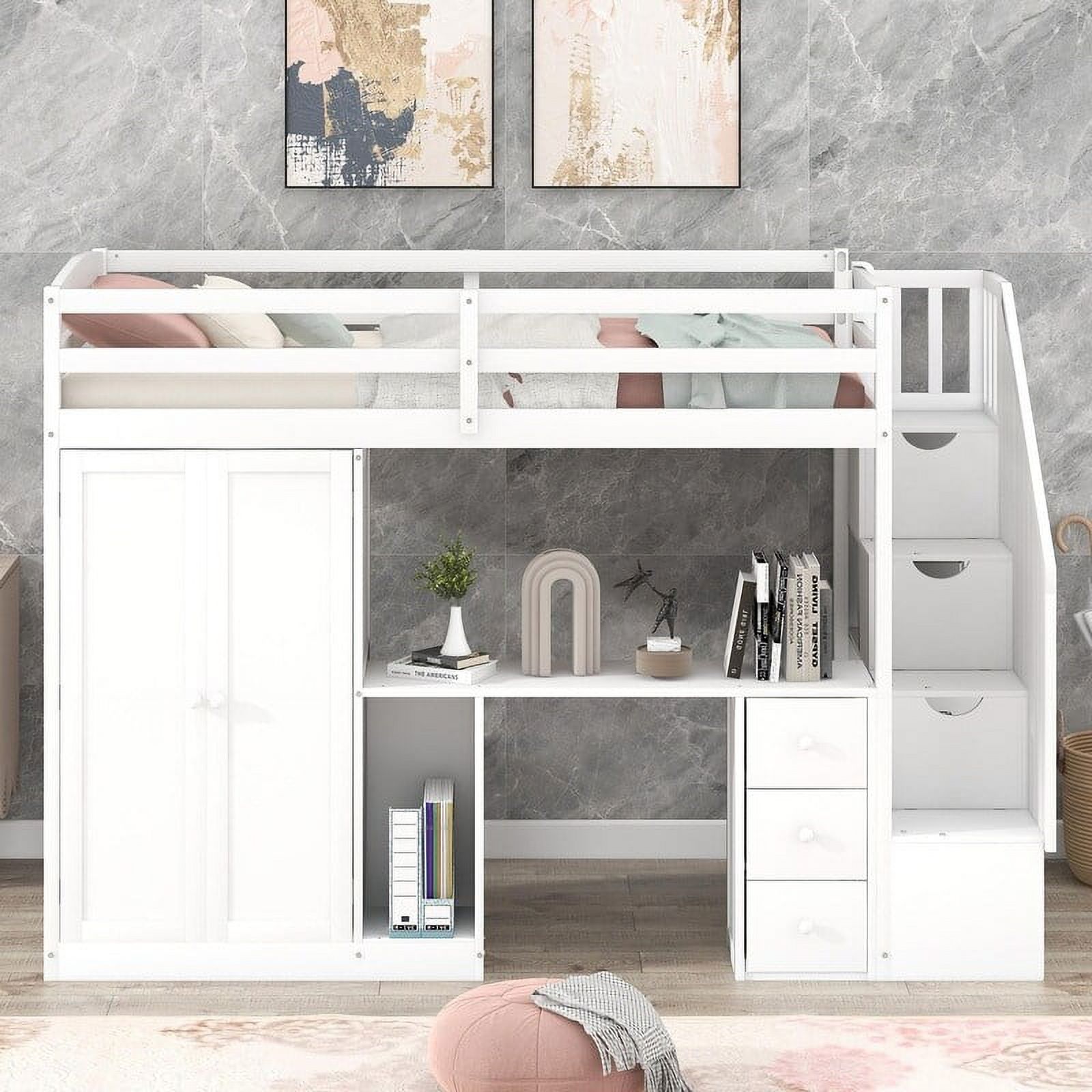 Loft Bed with Wardrobe and Staircase, Desk and Storage Drawers and Cabinet White