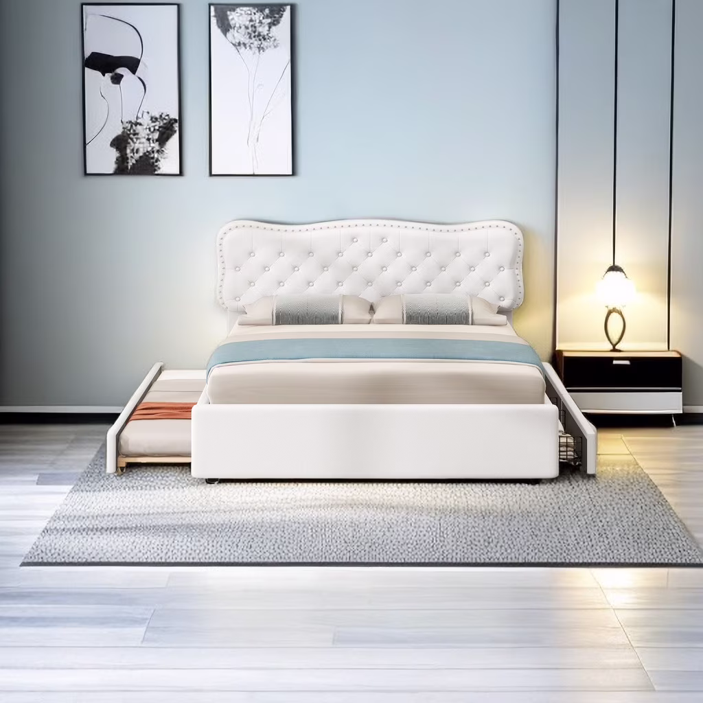 Queen Size Upholstery Platform Bed with 2 Storage Drawers and Trundle, No Box Spring Needed, Easy Assembly, Mattress Foundation, for Bedroom, Dorm, Apartment