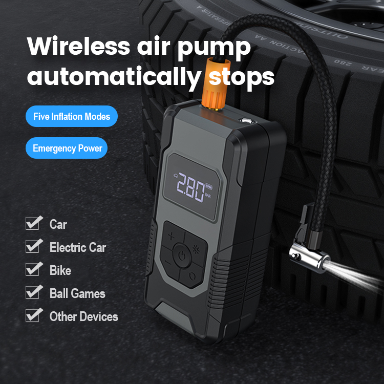 Cordless Portable 7500mah Mini Car Air Compressor Pump and Power Bank Black