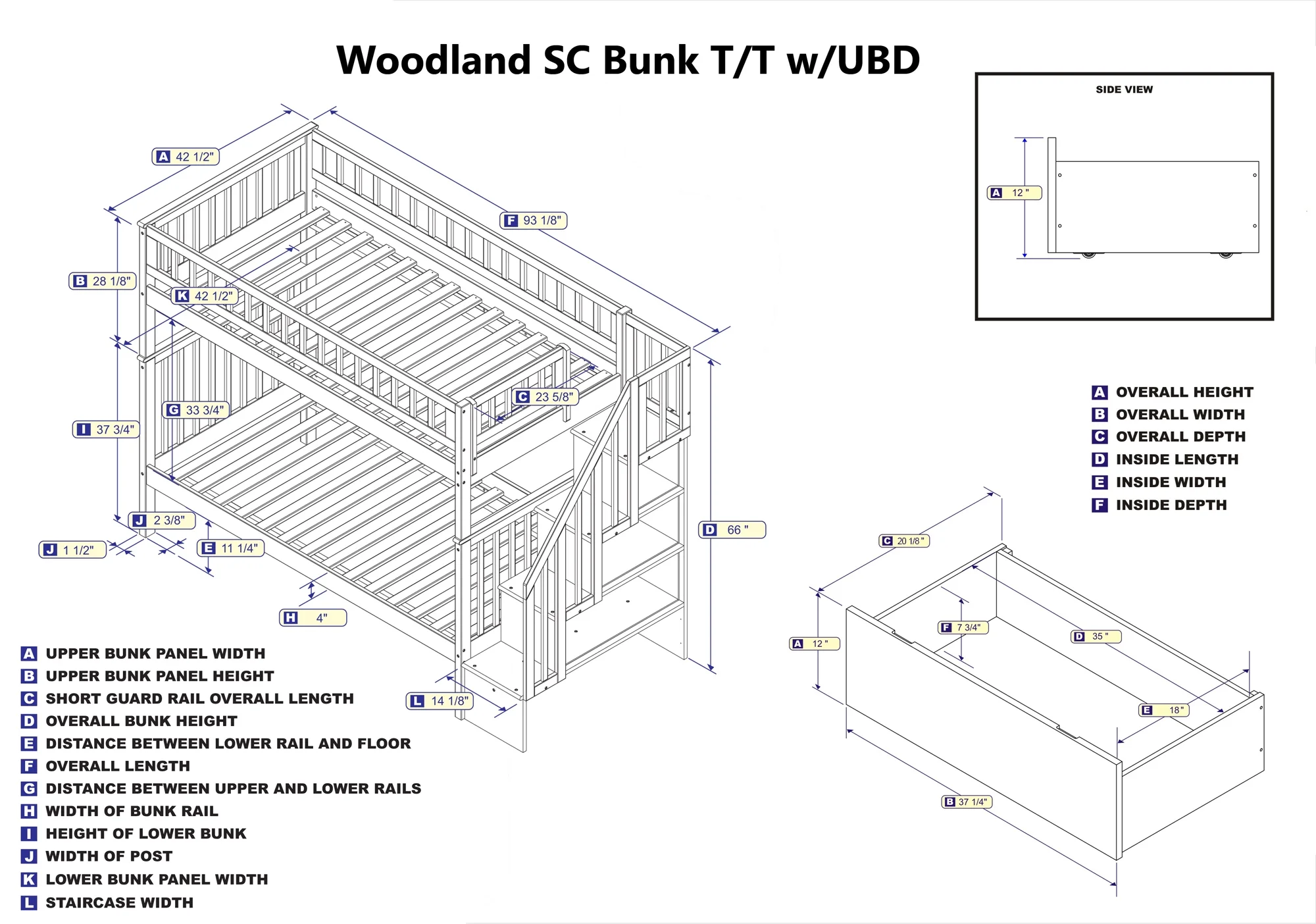 Woodland Staircase Bunk Bed Twin over Twin with 2 Urban Bed Drawers in Grey