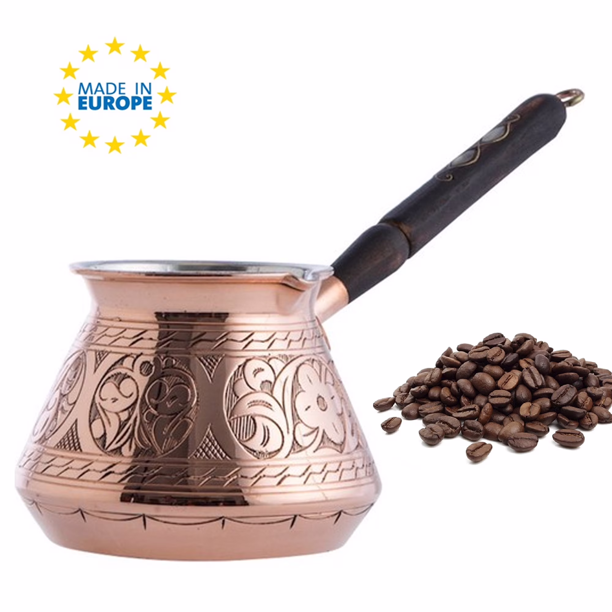 Hammered Copper Turkish Coffee Pot, Arabic Greek Stovetop Coffee Maker, Pearl Embedded Wooden Handle, 20 oz