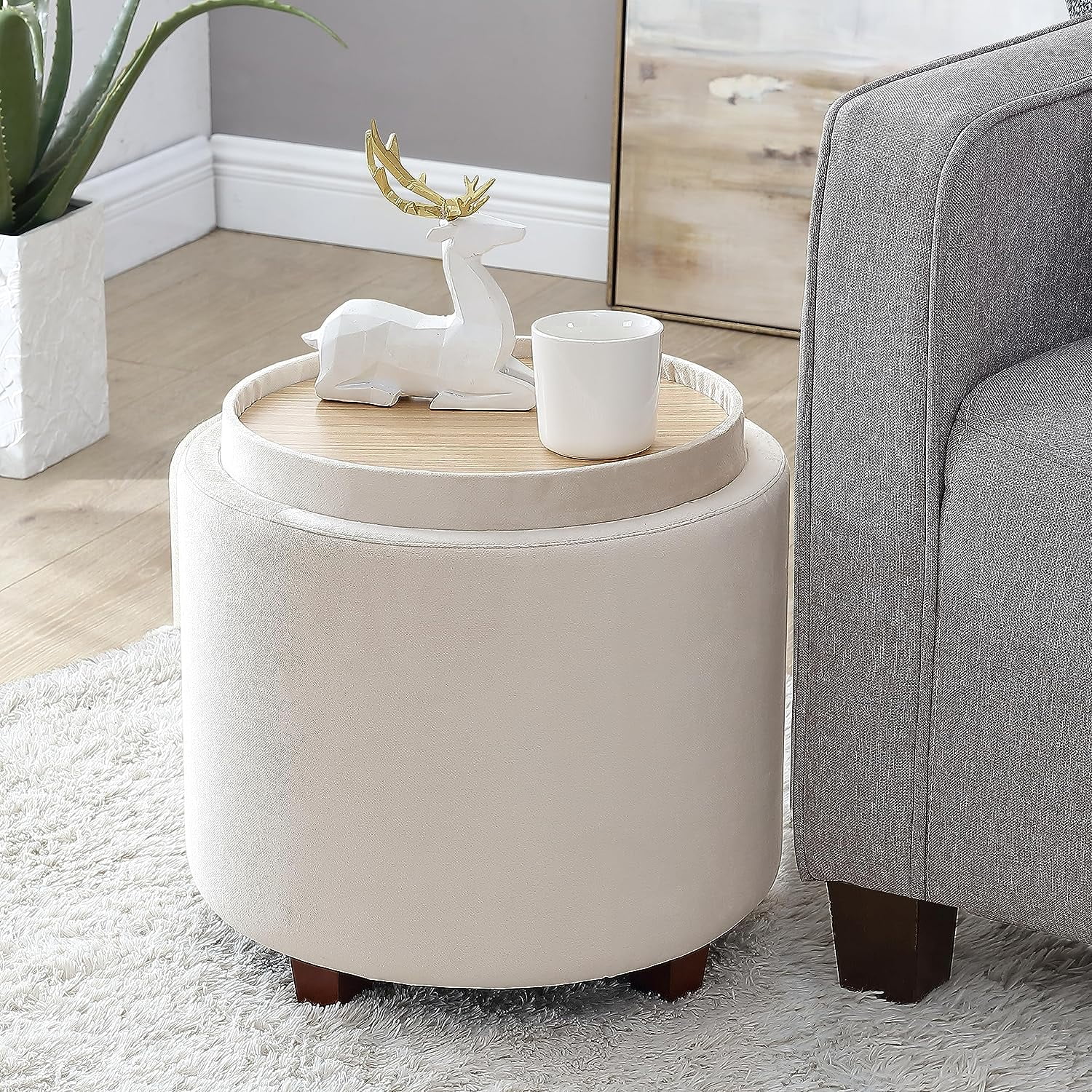 Ornavo Home Lawrence Round Storage Ottoman with Lift Off Lid and Tray Lid Coffee Table, Ottoman with Storage for Living Room, Bedroom and Office, Velvet Cream
