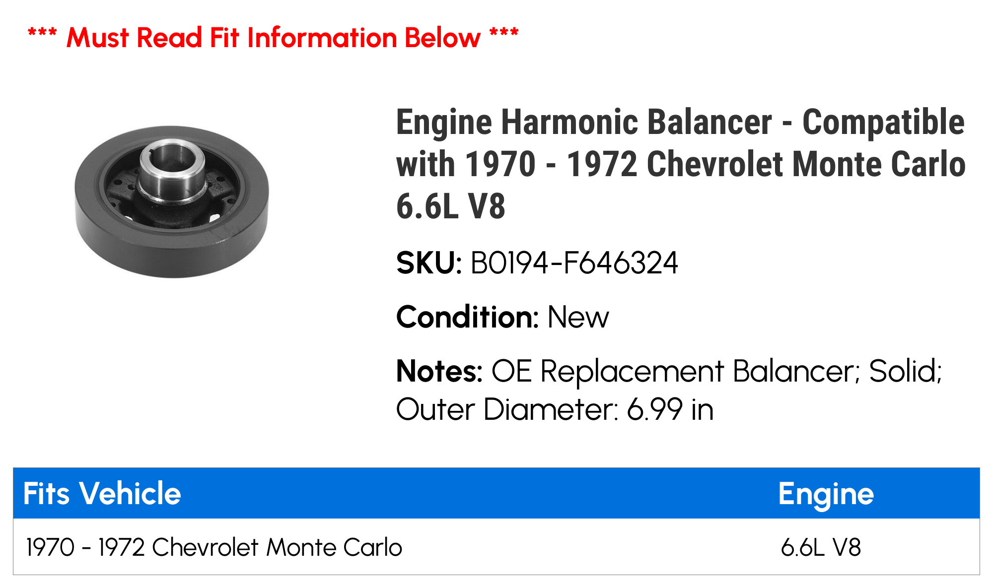 Engine Harmonic Balancer - Compatible with 1970 - 1972 Chevy Monte Carlo 6.6L V8 1971
