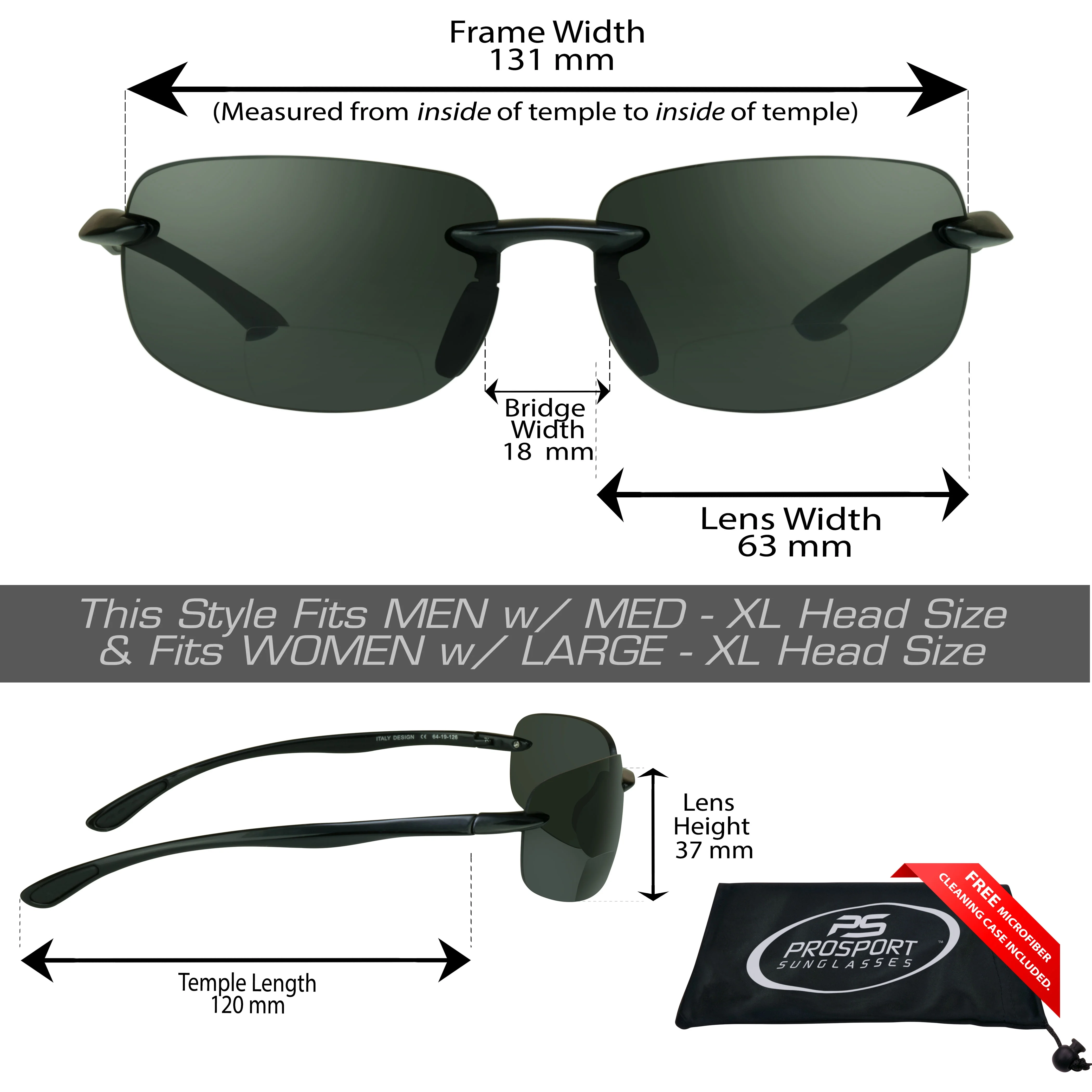 proSPORT Sunglasses POLARIZED Bifocal Rimless Sunglass Wrap Around Gray Men Women