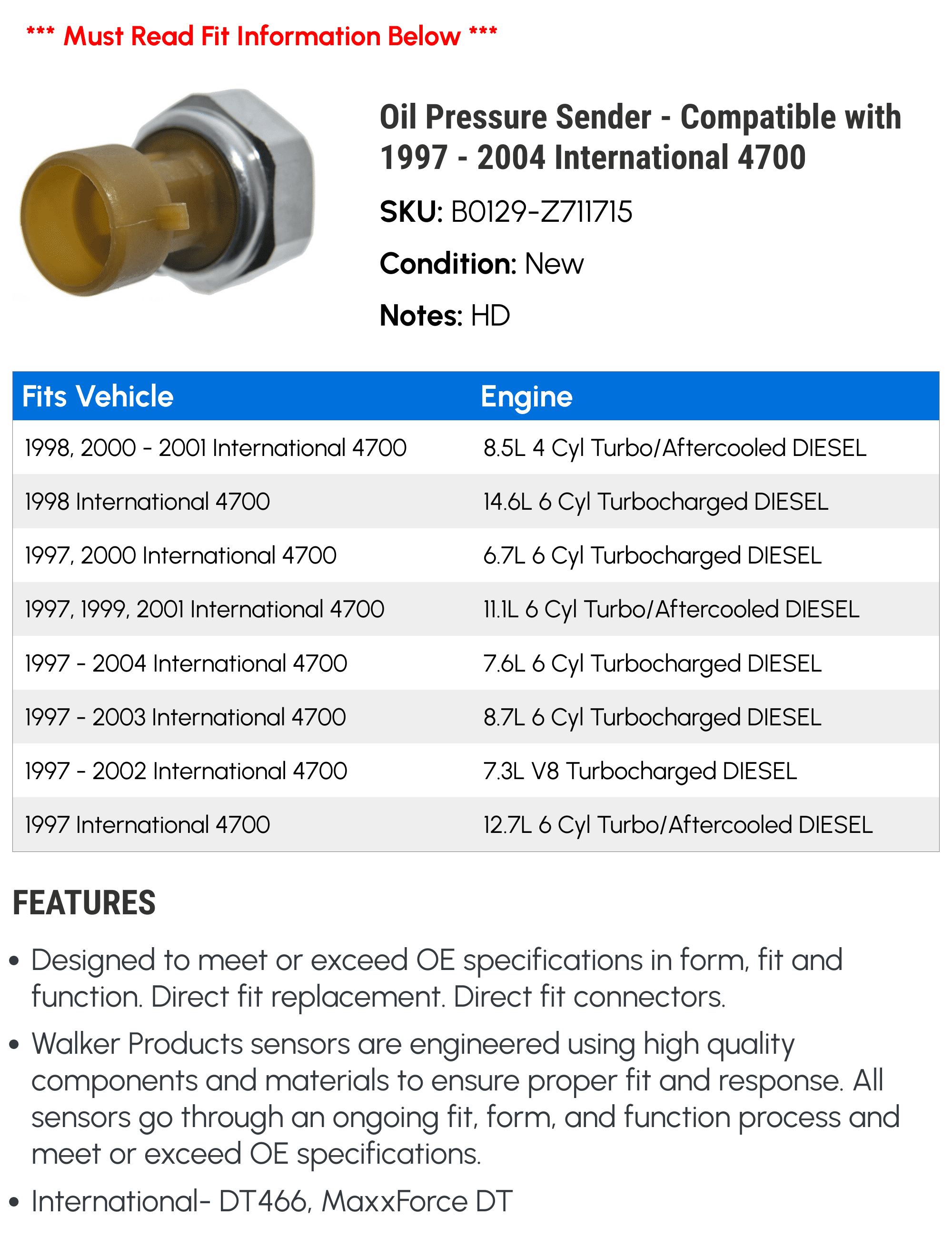 Oil Pressure Sender - Compatible with 1997 - 2004 International 4700 1998 1999 2000 2001 2002 2003