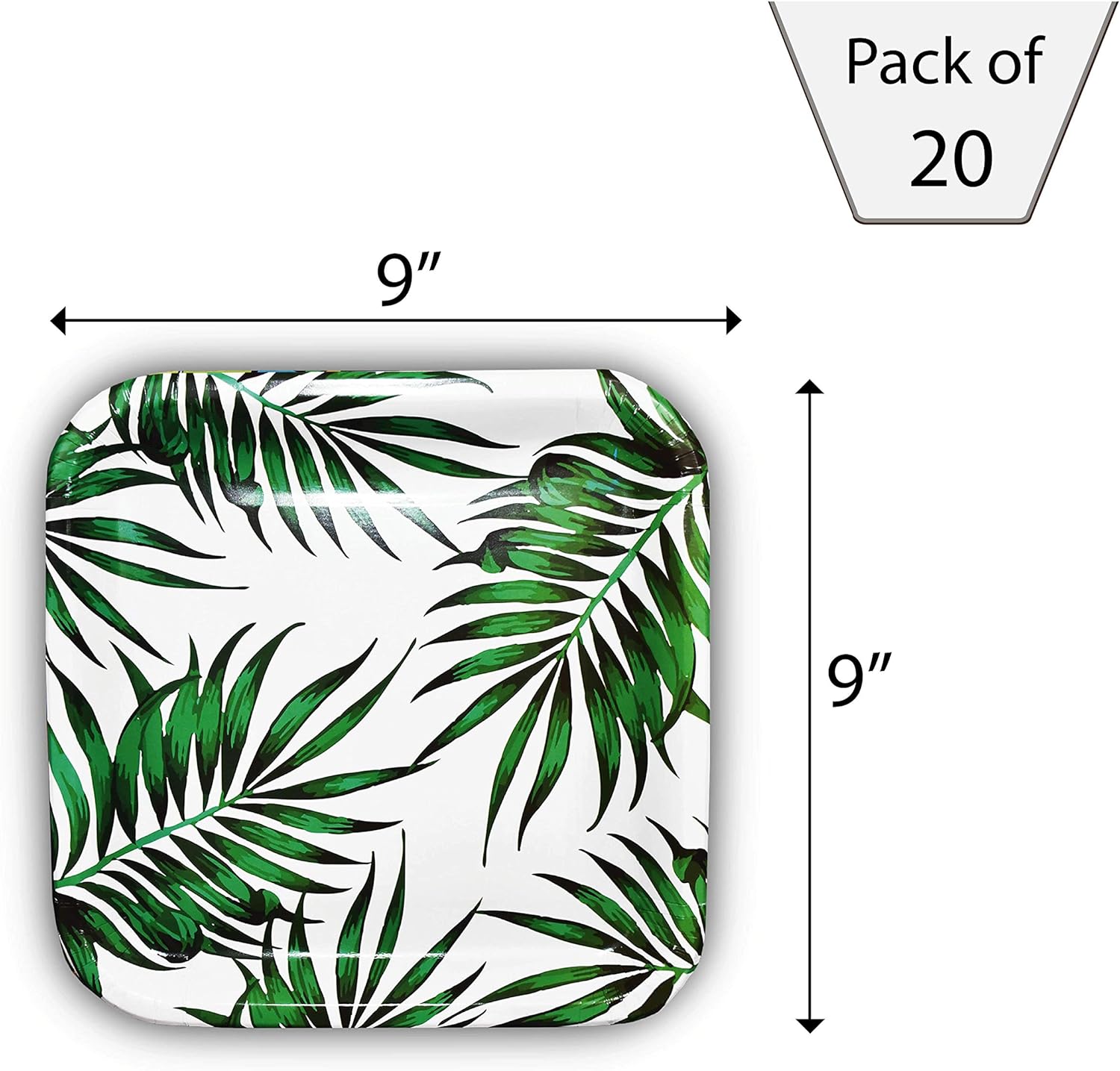 SOLAS Paper Palm Leaf Plates - Fully Compostable Jungle Party Plates | Beautiful Eco Friendly Paper Plates | Square Plates Disposable Green Paper Plates | Pack of 20 | 9 Inch Luau Party Plates