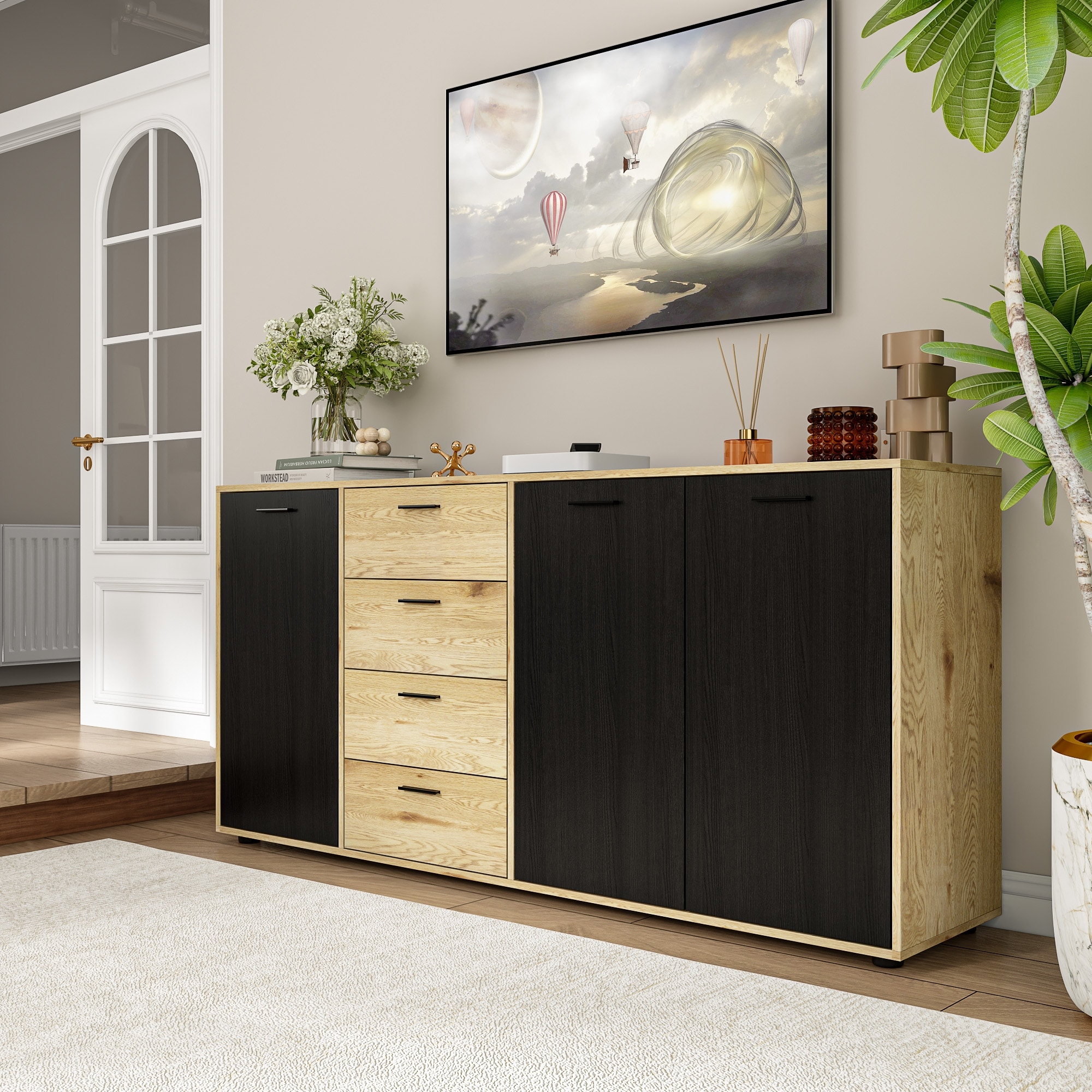 Versatile Wood Grain Sideboard Cabinet w/Black Metal Handles Dresser