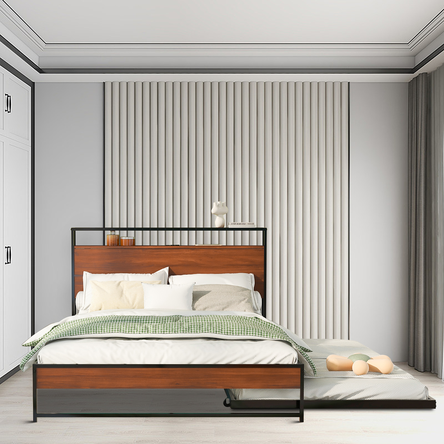 Modern and Minimalist Style Full-size Platform Bed with Pull-out Trundle and Metal Frame, Black