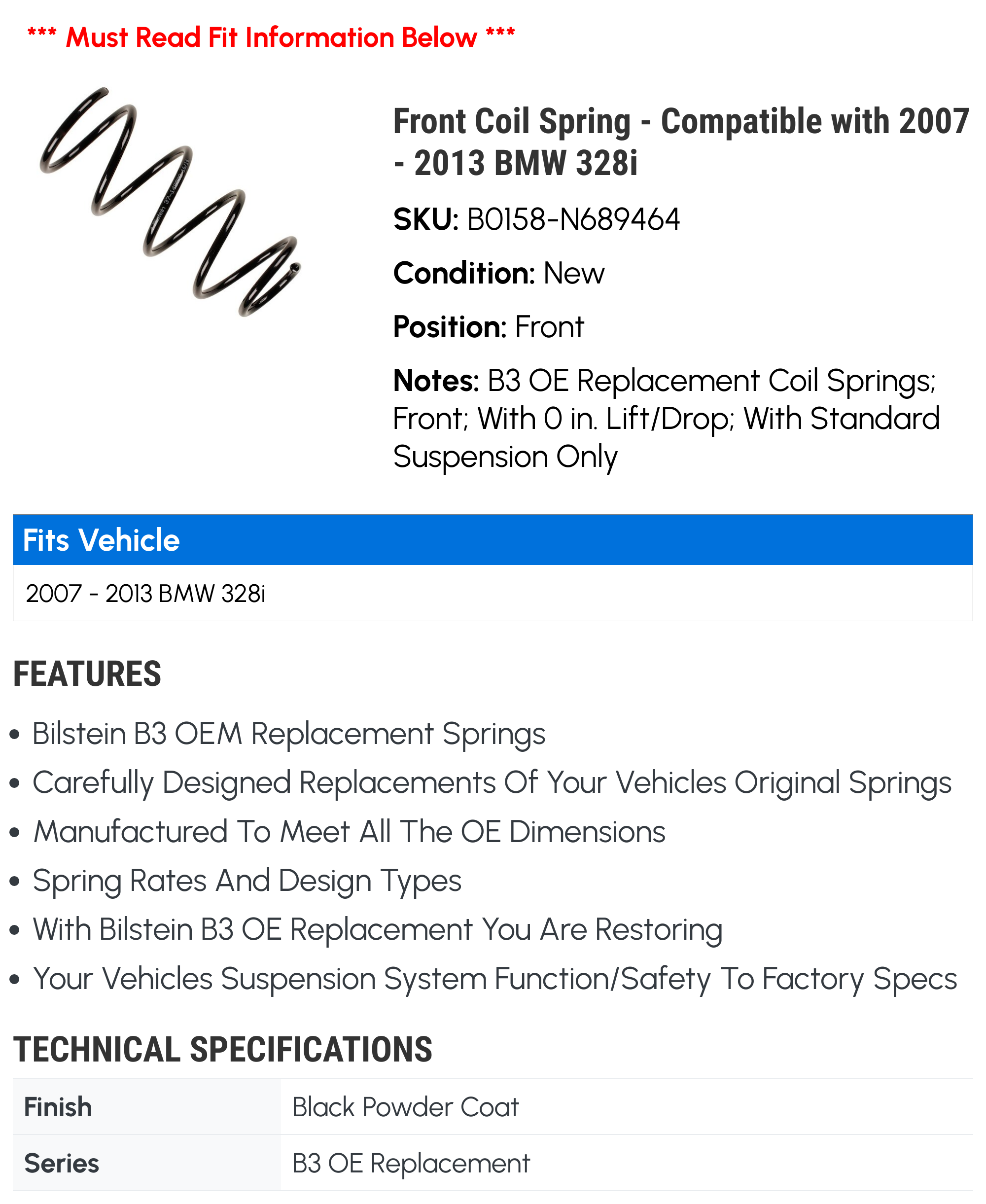 Front Coil Spring - Compatible with 2007 - 2013 BMW 328i 2008 2009 2010 2011 2012