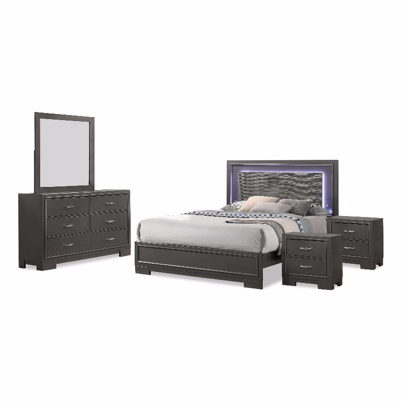 FOA Santi 5pc Gray Wood Bedroom Set - Cal King+2 Nightstands+Dresser+Mirror